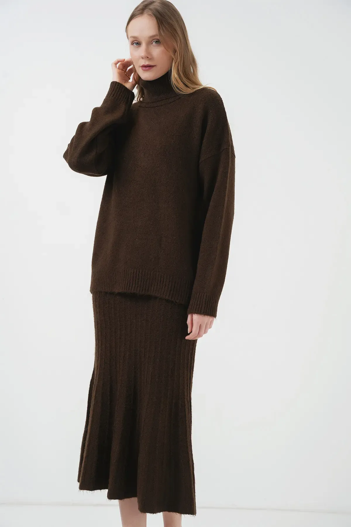 15892 Kazak Etek Triko İkili Takım - Kahverengi