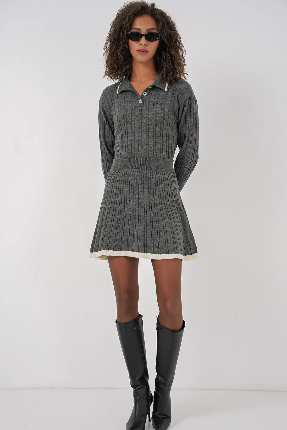 15907 Kadın Polo Yaka Kazak Etek Triko İkili Takım - Antrasit