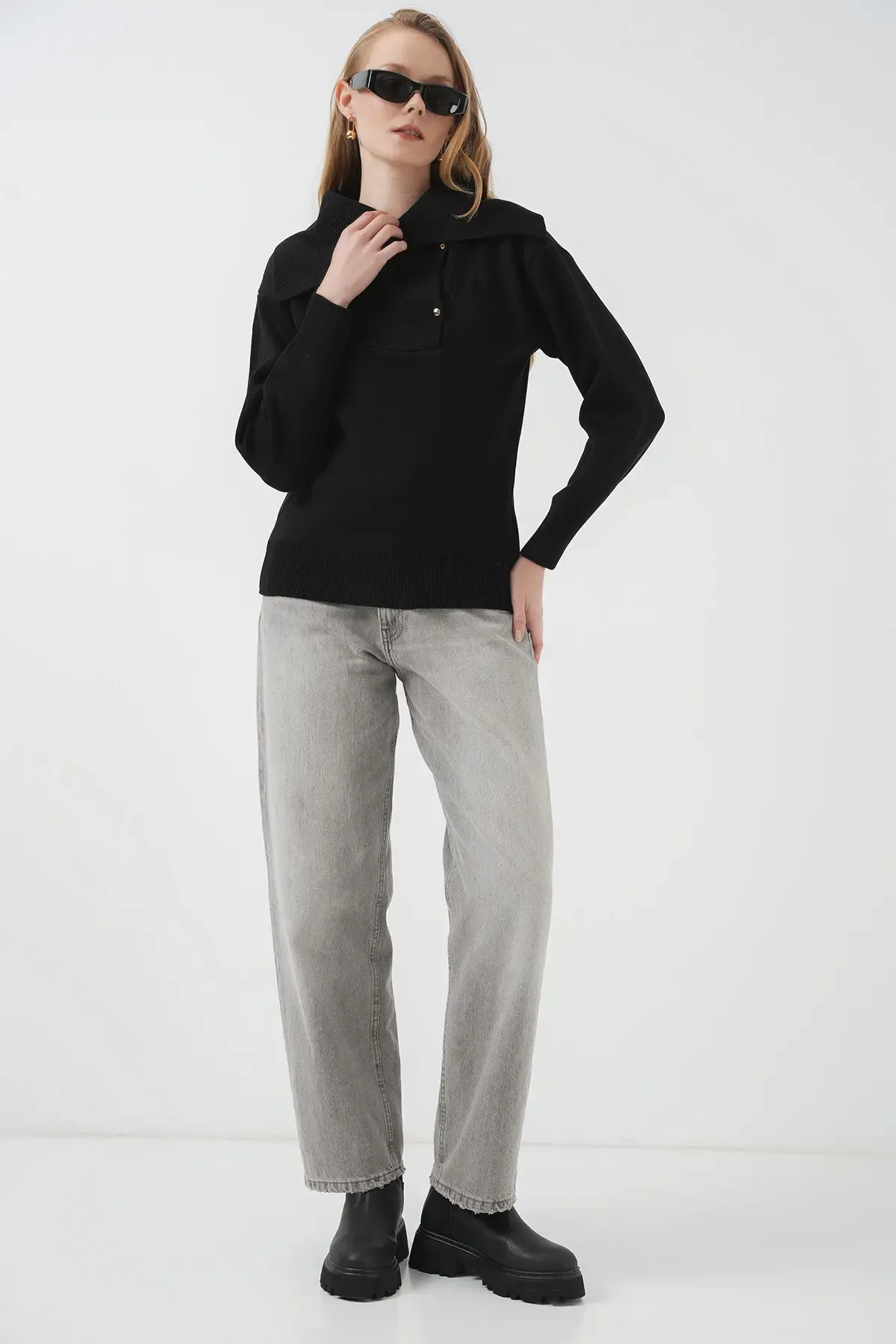 15921 Geniş Yaka Triko Kazak - Siyah