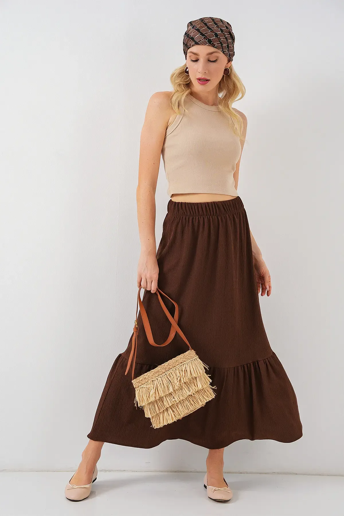 1886 Uzun Örme Etek - Kahverengi
