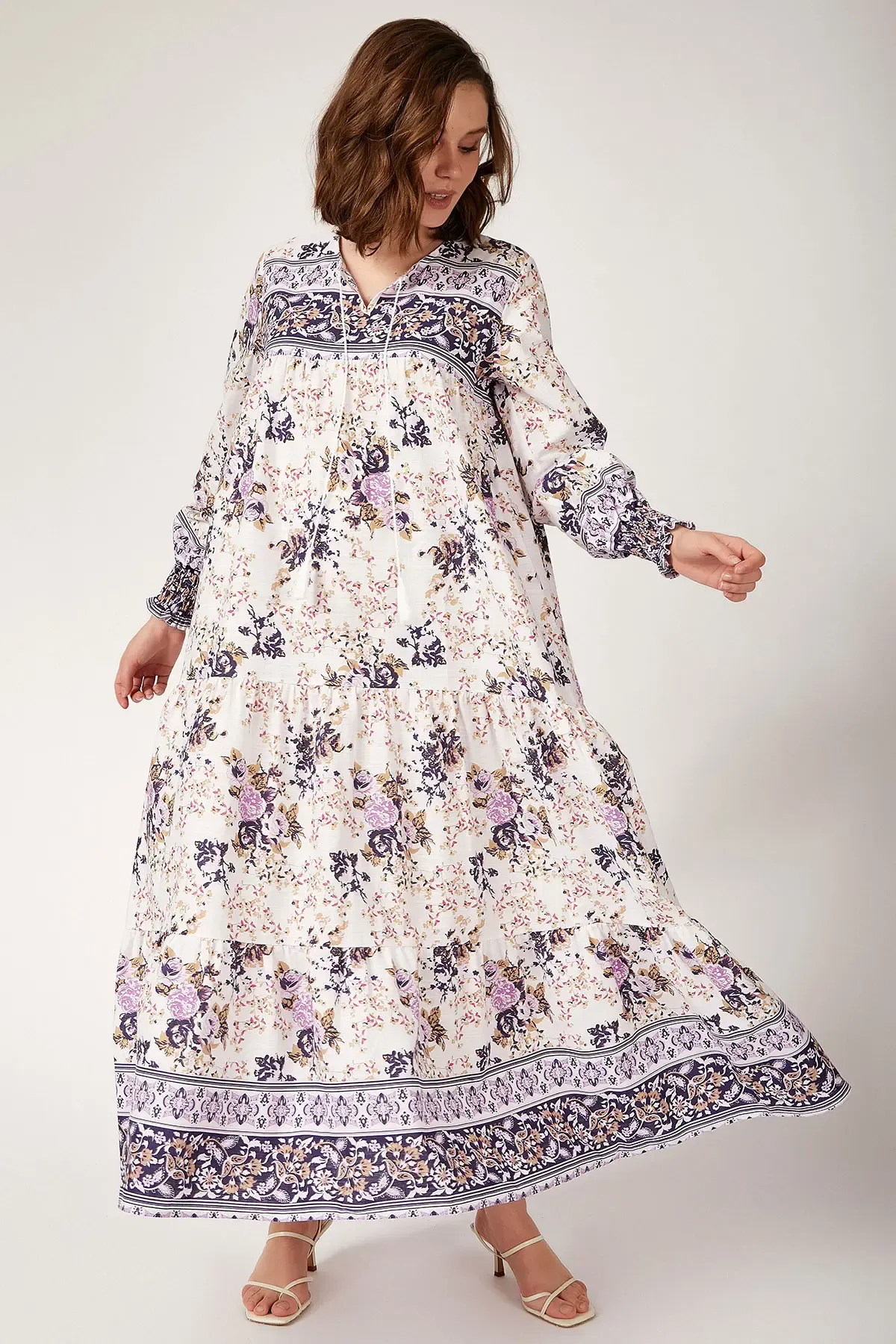 1947 Desenli Uzun Mor Tesettür Elbise