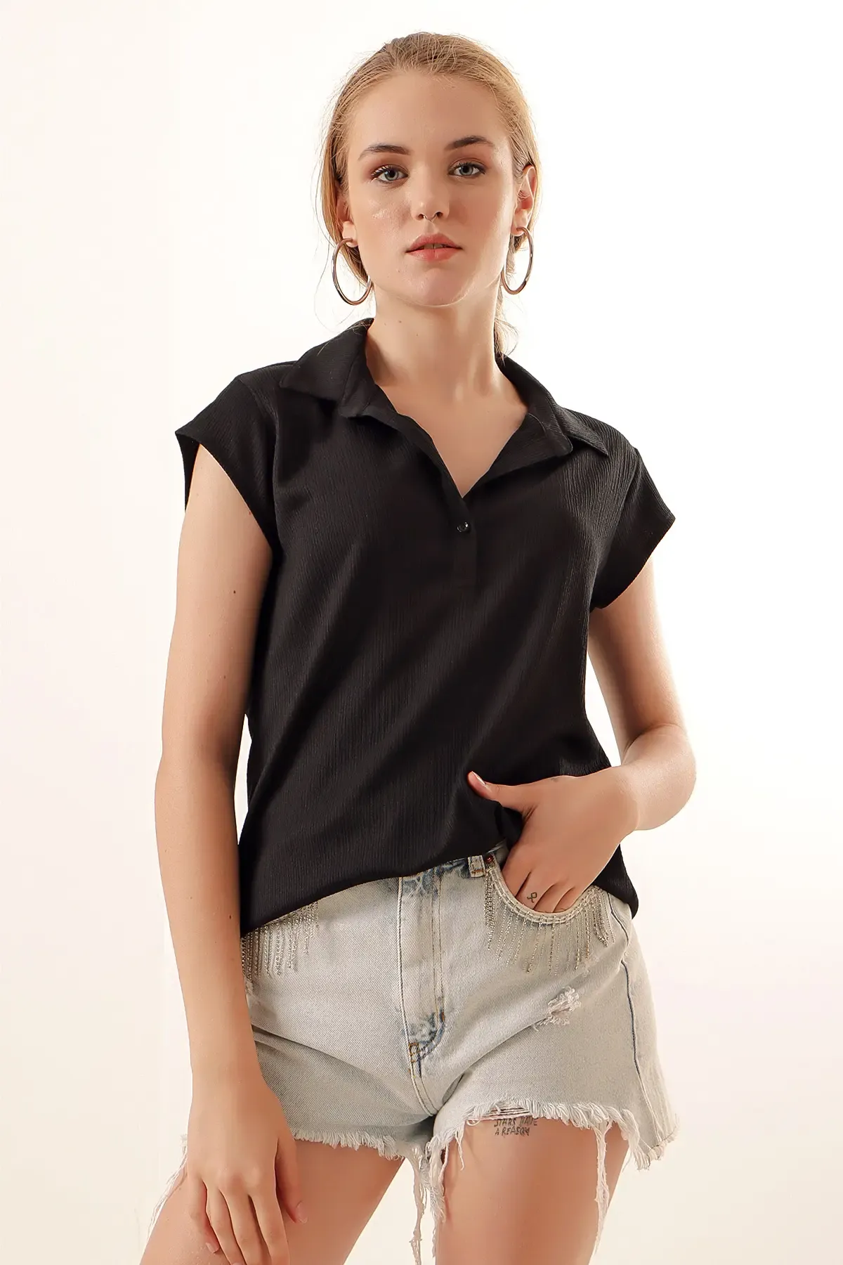 20123 Polo Yaka Örme Bluz - Siyah