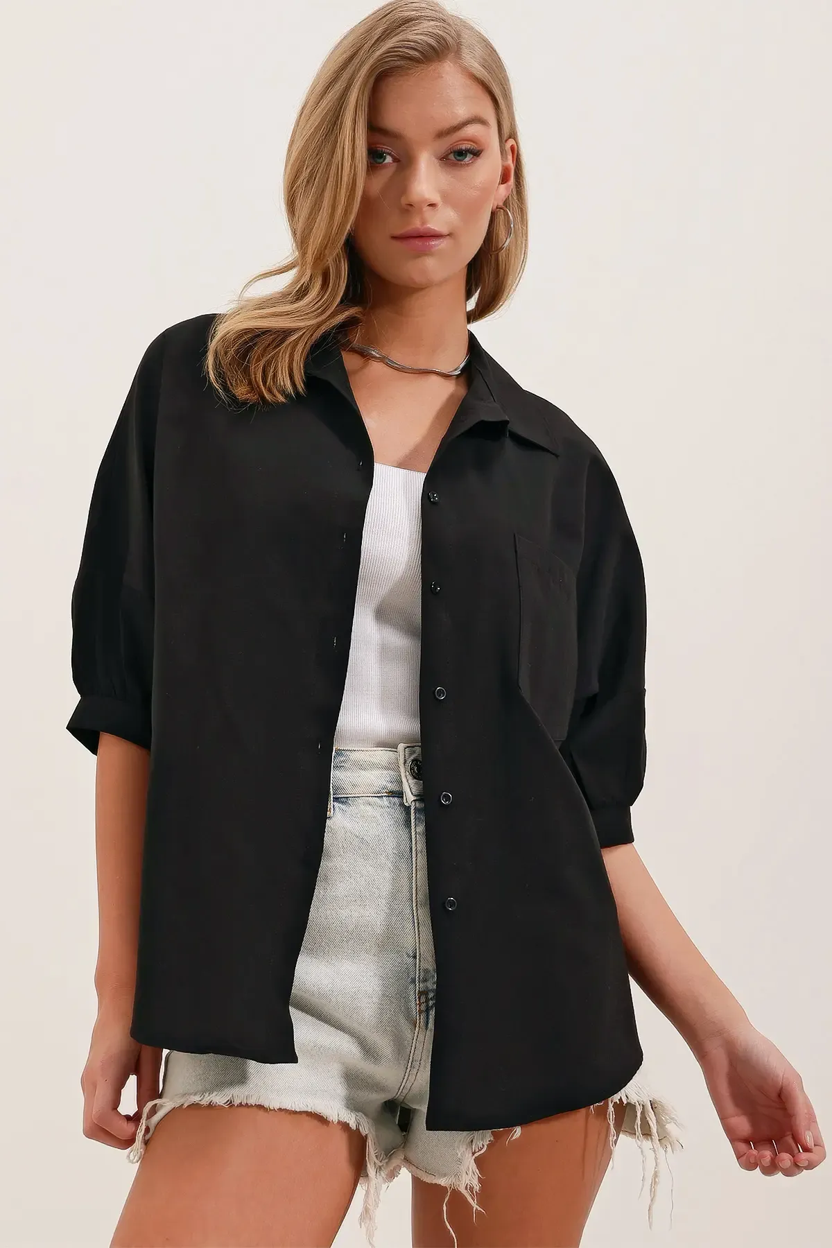20213 Oversize Kısa Kol Basic Gömlek - Siyah