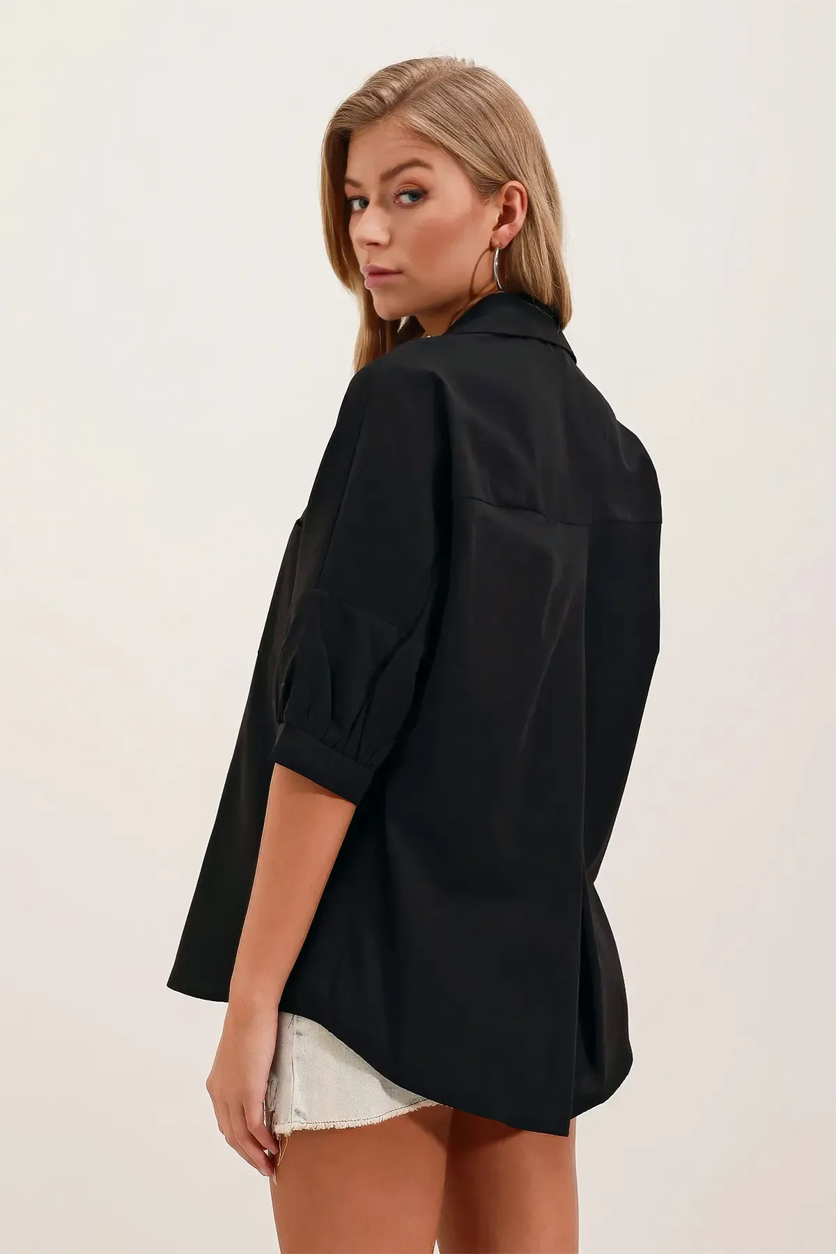 20213 Oversize Kısa Kol Basic Gömlek - Siyah
