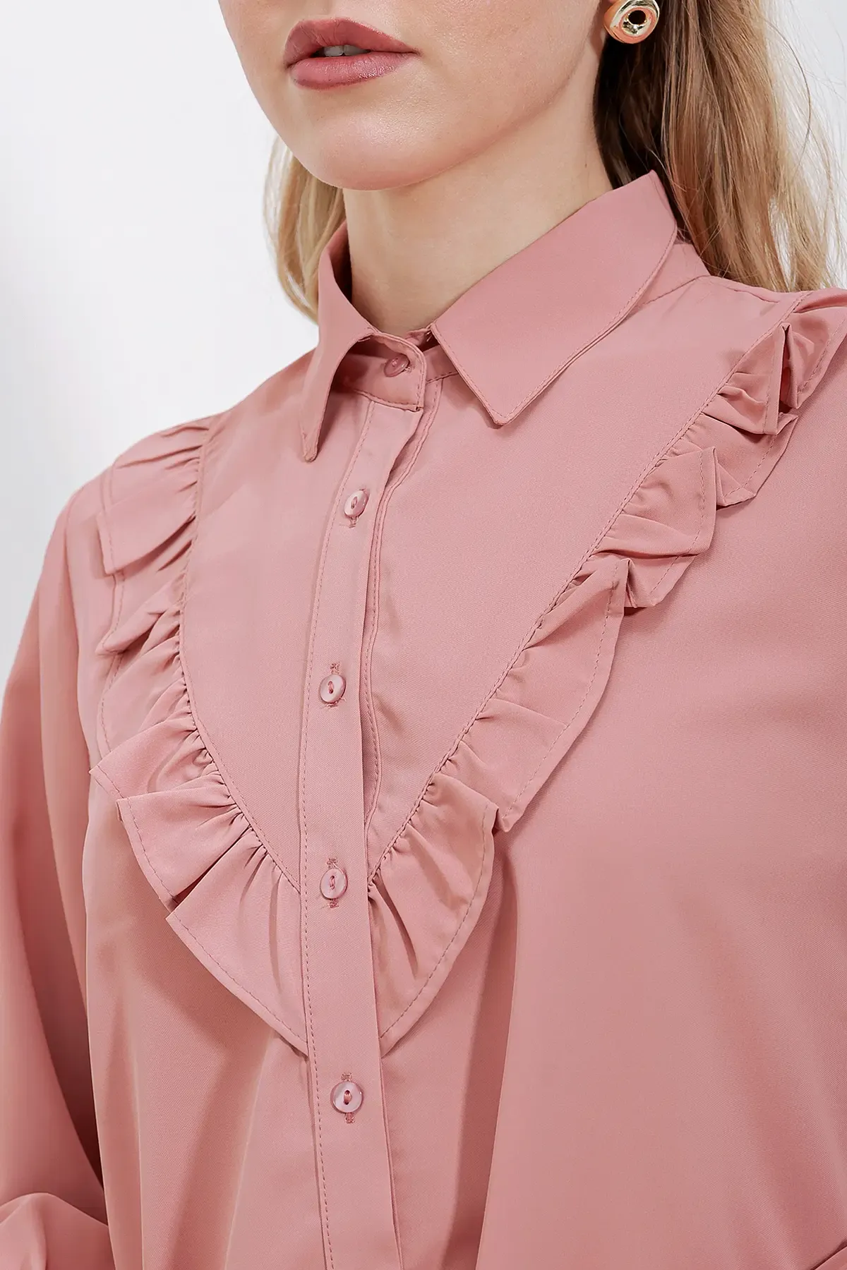 20223 Fırfırlı Uzun Kol Gömlek - Gül Kurusu