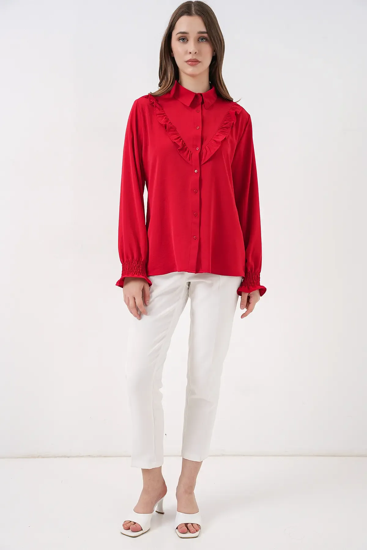 20223 Fırfırlı Uzun Kol Gömlek - Kırmızı
