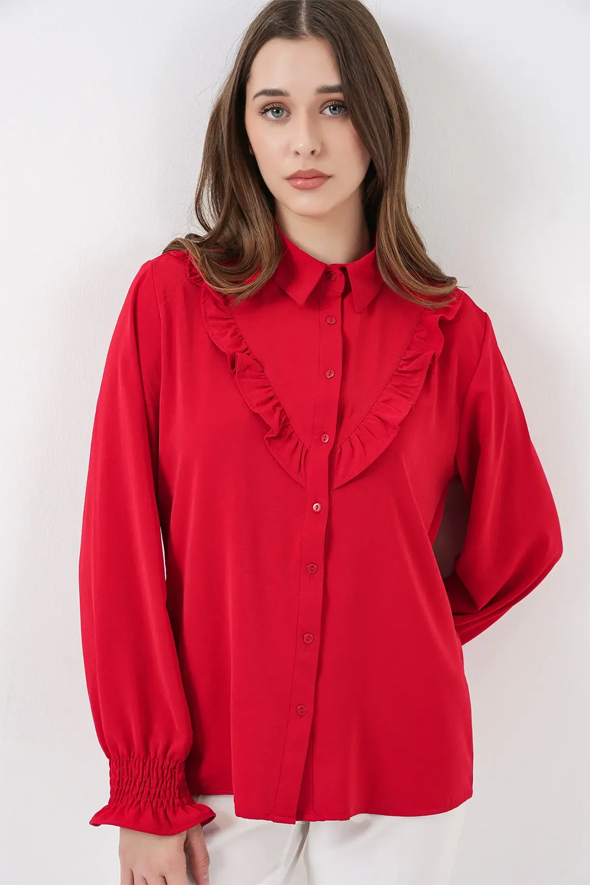 20223 Fırfırlı Uzun Kol Gömlek - Kırmızı
