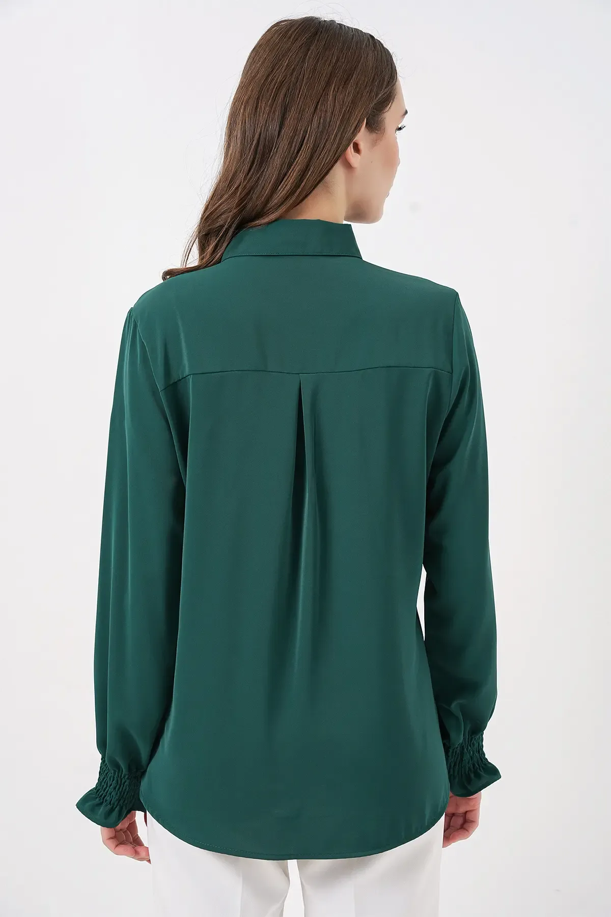 20223 Fırfırlı Uzun Kol Gömlek - Zümrüt Yeşili