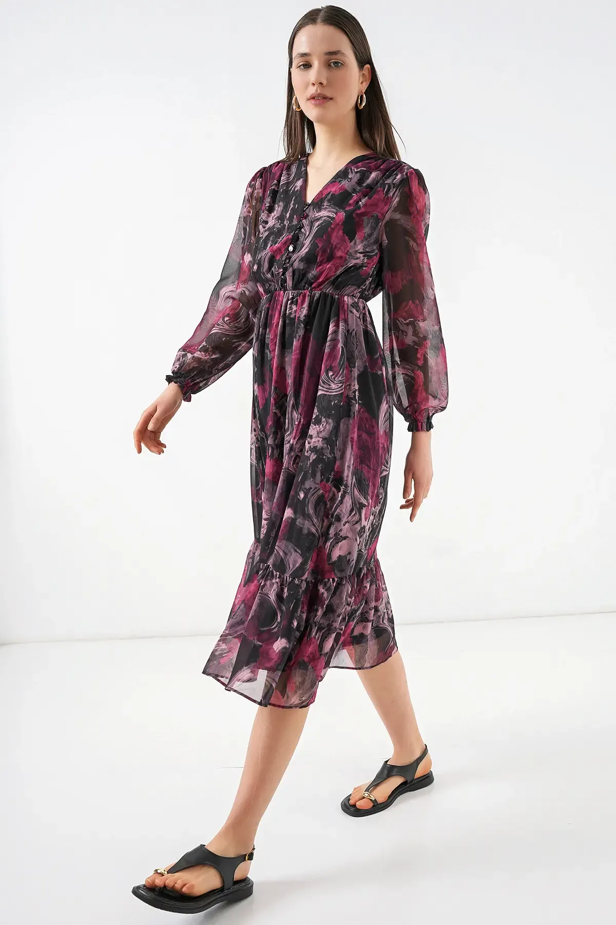 2137 Desenli Şifon Elbise - A.Kırmızı