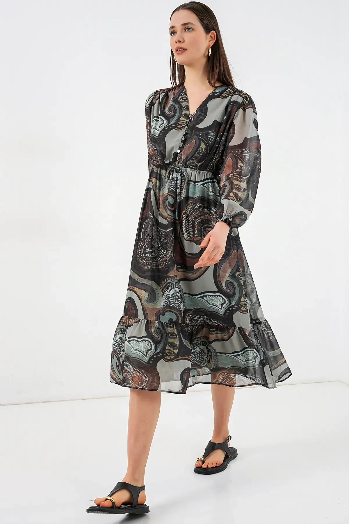 2137 Desenli Şifon Elbise - C. Çağla