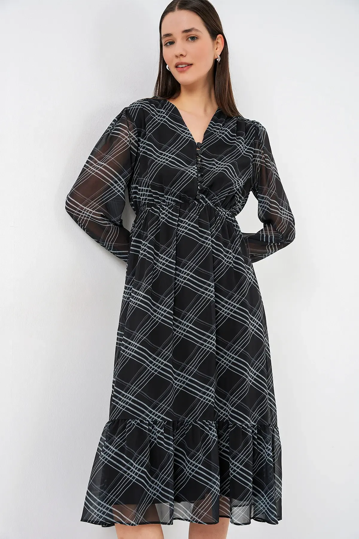 2137 Desenli Şifon Elbise - F.Gri