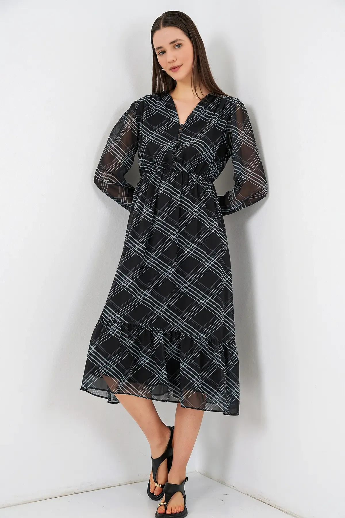 2137 Desenli Şifon Elbise - F.Gri