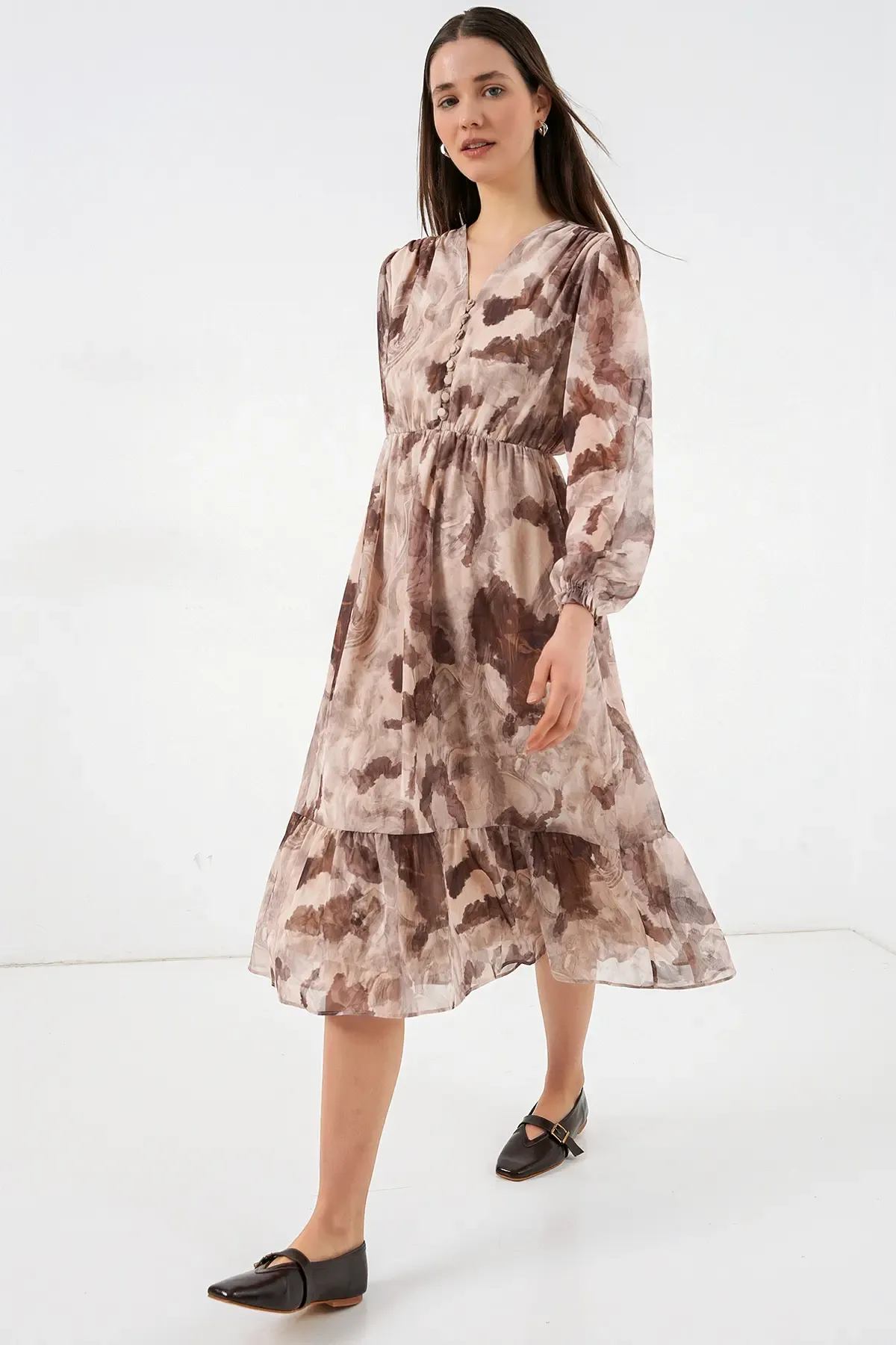 2137 Desenli Şifon Elbise - K. Bej