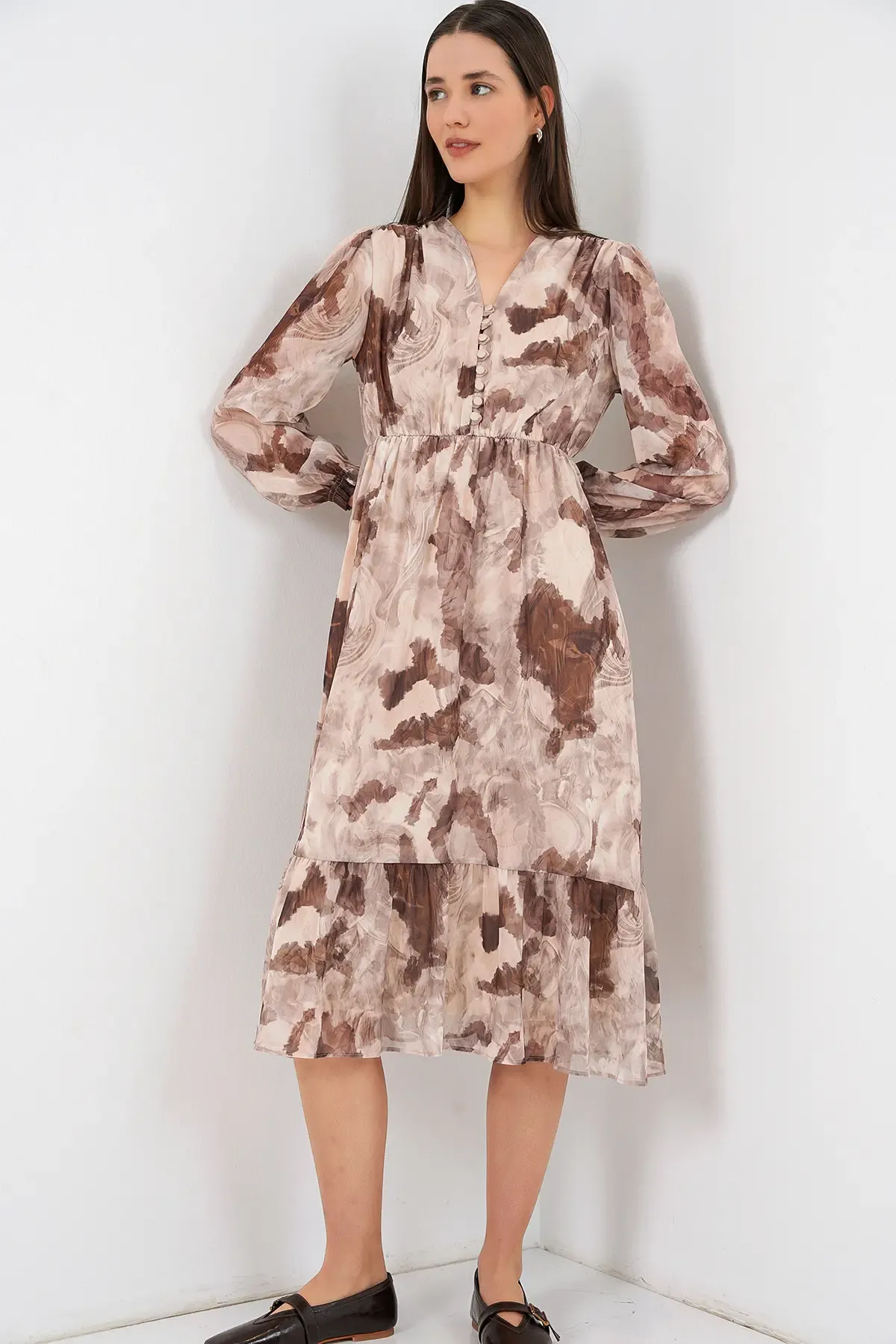 2137 Desenli Şifon Elbise - K. Bej