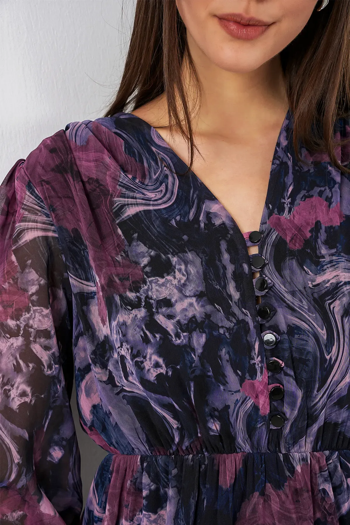 2137 Desenli Şifon Elbise - Koyu Lila