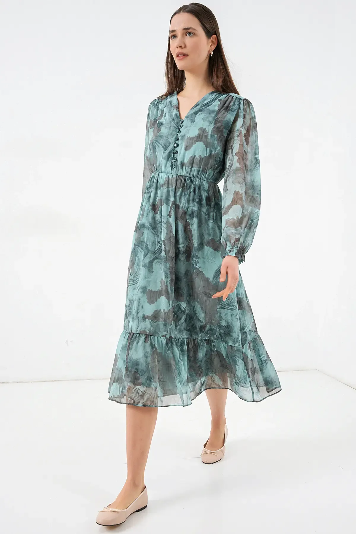 2137 Desenli Şifon Elbise - Mint Yeşili