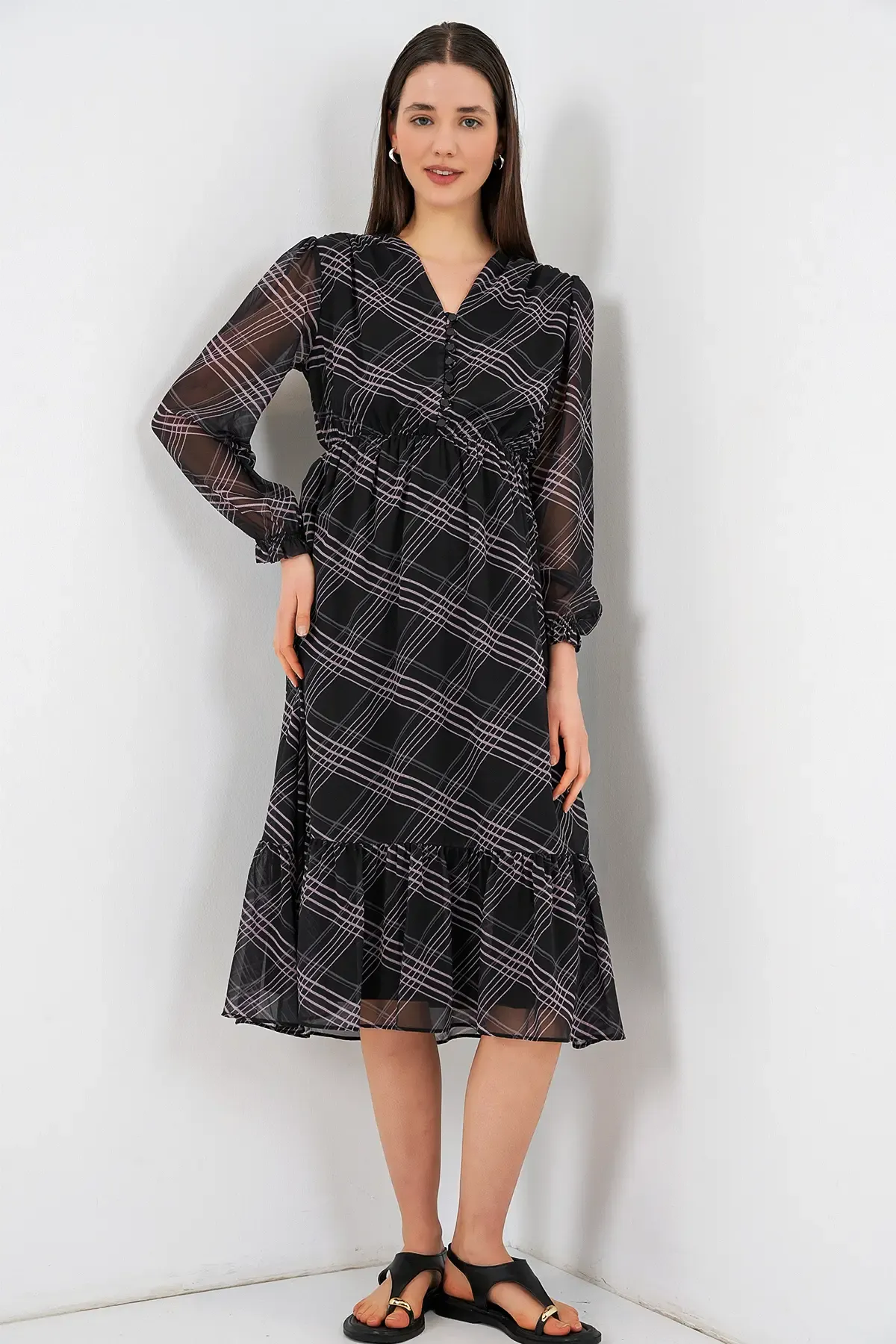 2137 Desenli Şifon Elbise - Siyah1