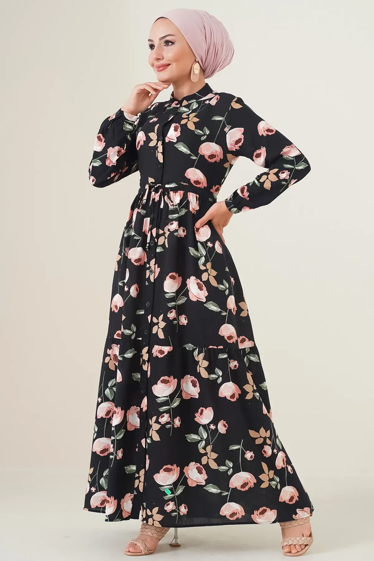 2144 Hakim Yaka Tesettür Elbise - E.Siyah