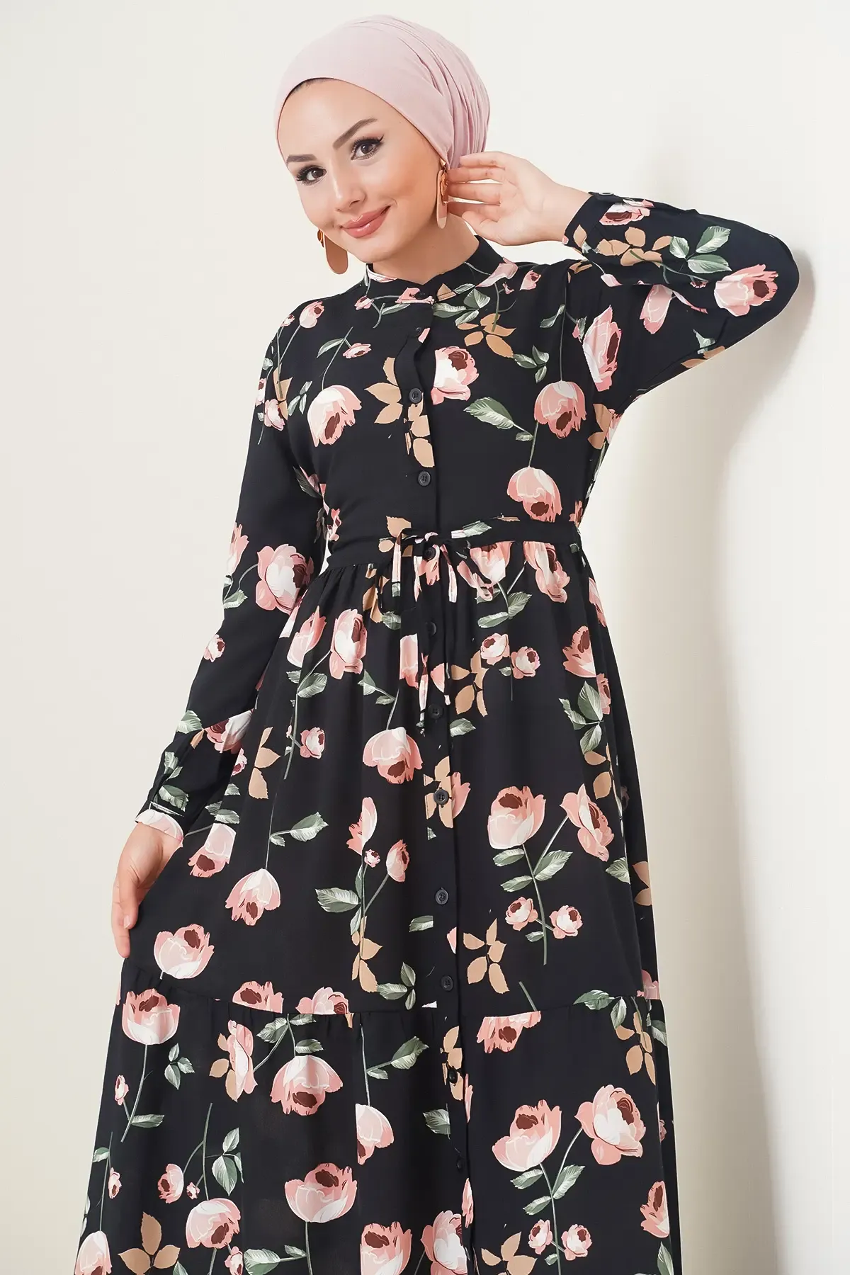 2144 Hakim Yaka Tesettür Elbise - E.Siyah