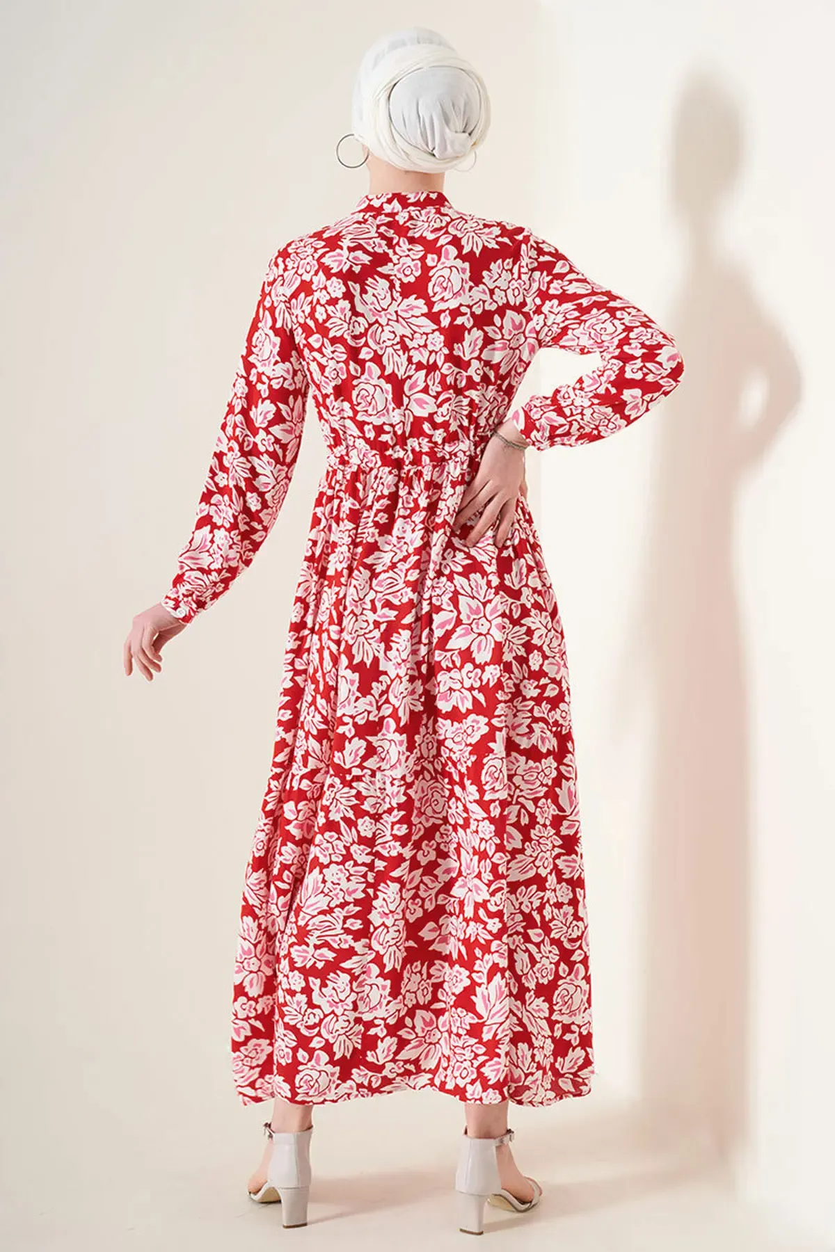 2144 Hakim Yaka Tesettür Elbise - Nar