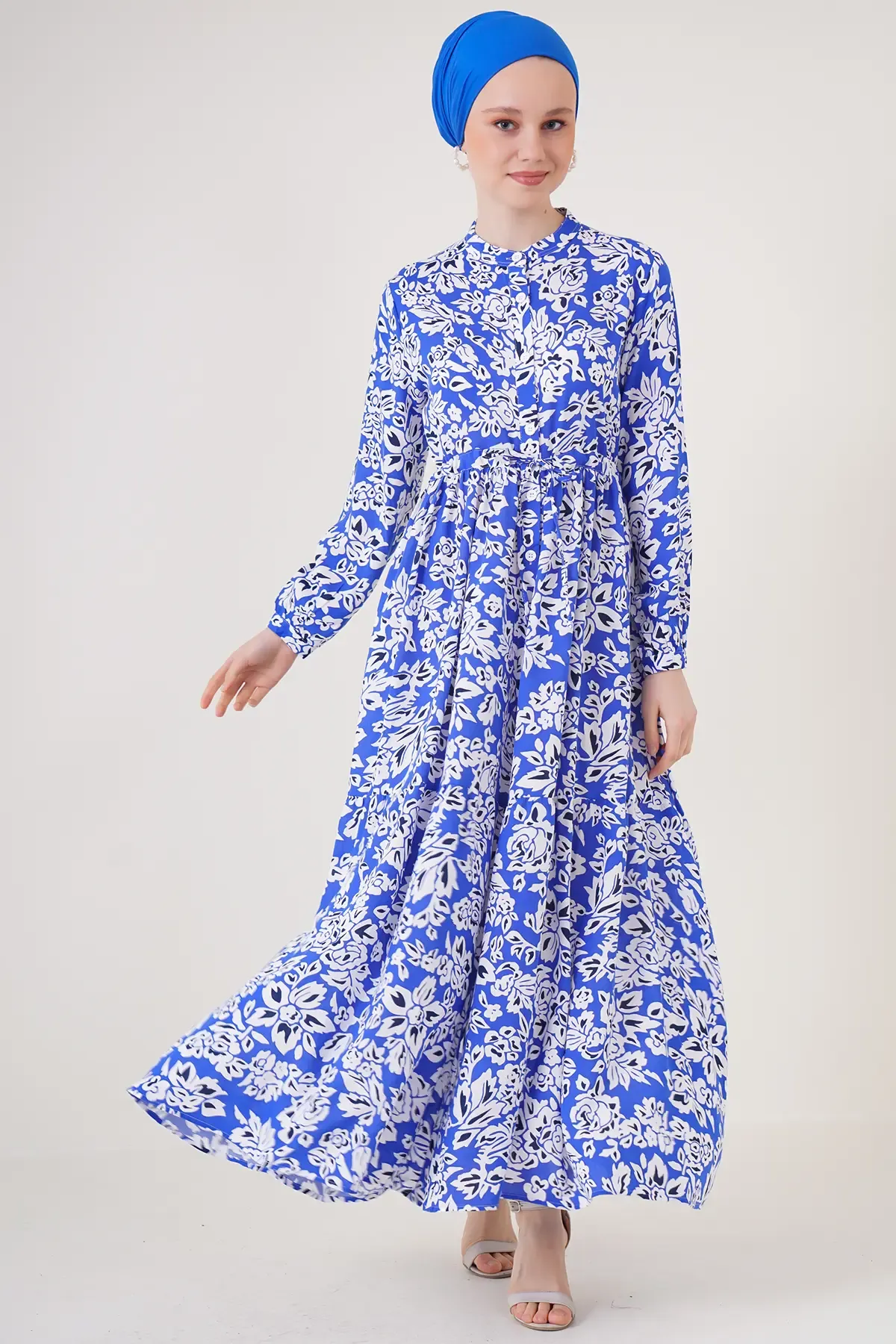 2144 Hakim Yaka Tesettür Elbise - Saks