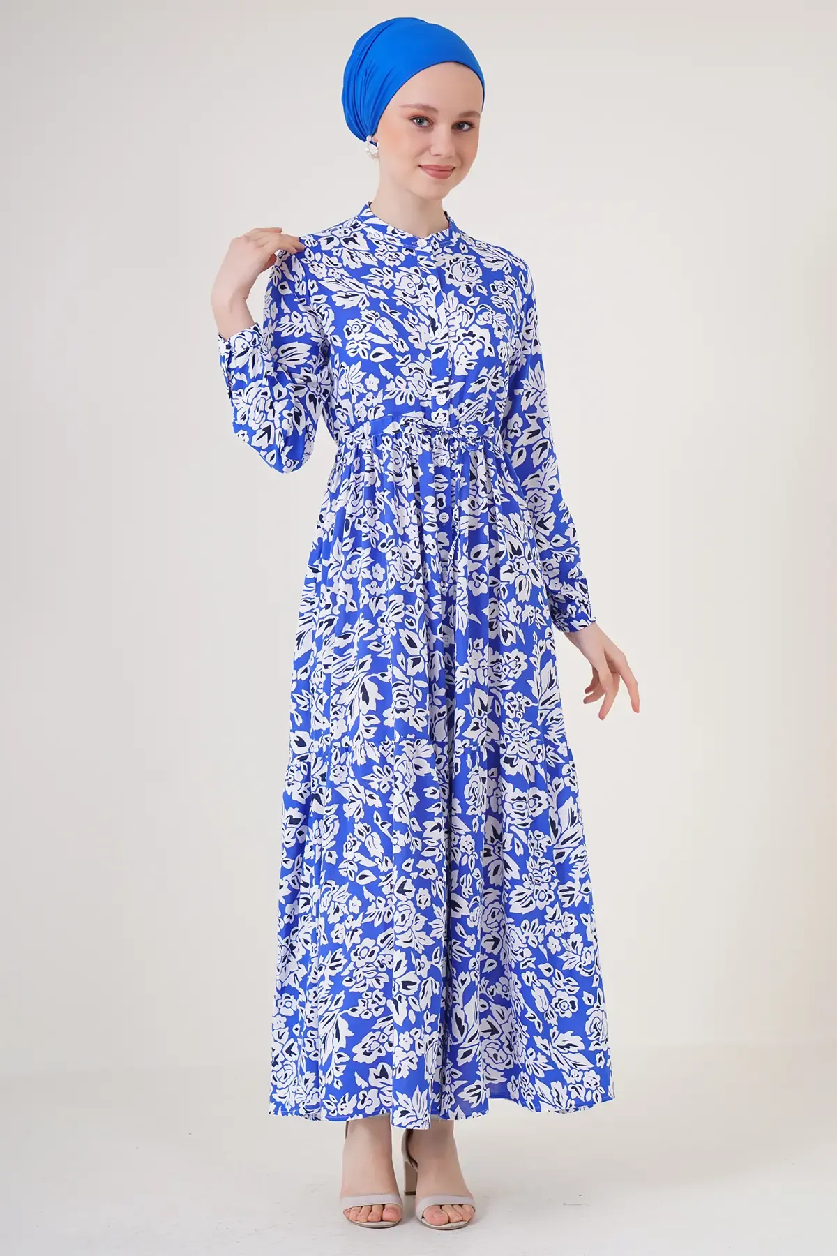 2144 Hakim Yaka Tesettür Elbise - Saks