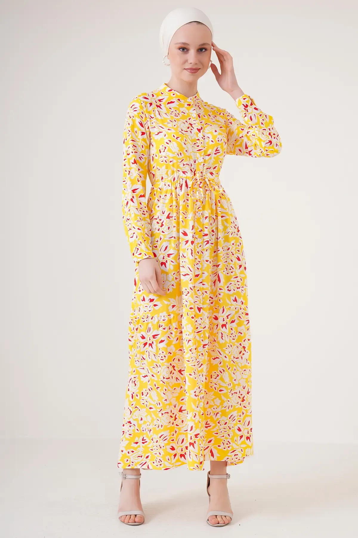 2144 Hakim Yaka Tesettür Elbise - Sarı