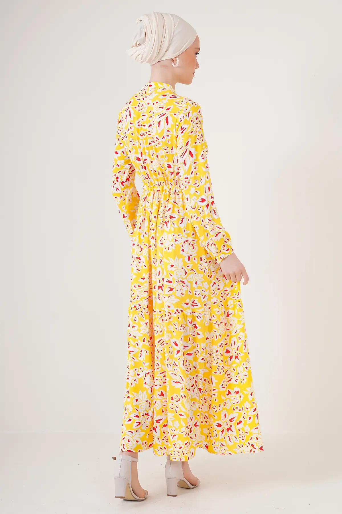 2144 Hakim Yaka Tesettür Elbise - Sarı