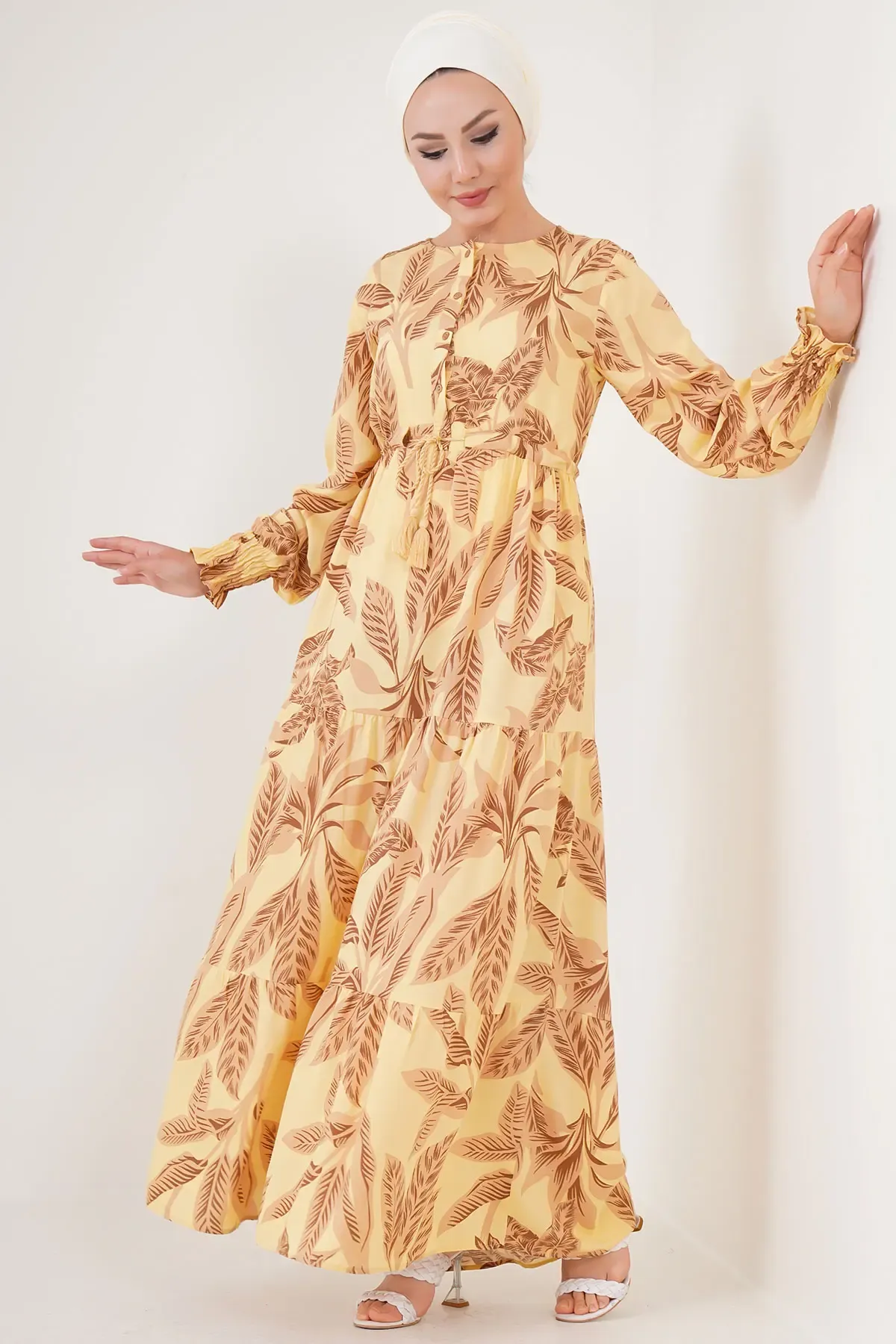 2145 Desenli Tesettür Elbise - Sarı