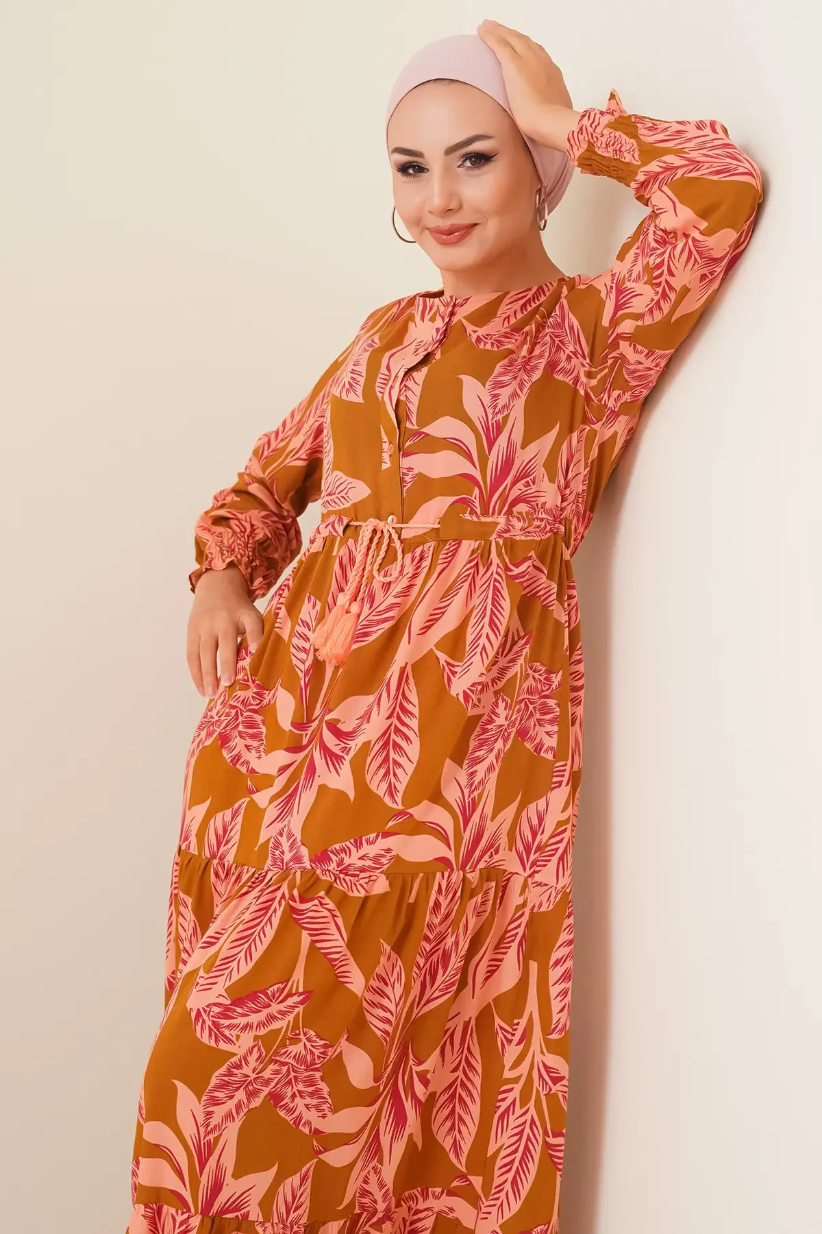 2145 Desenli Tesettür Elbise - Taba