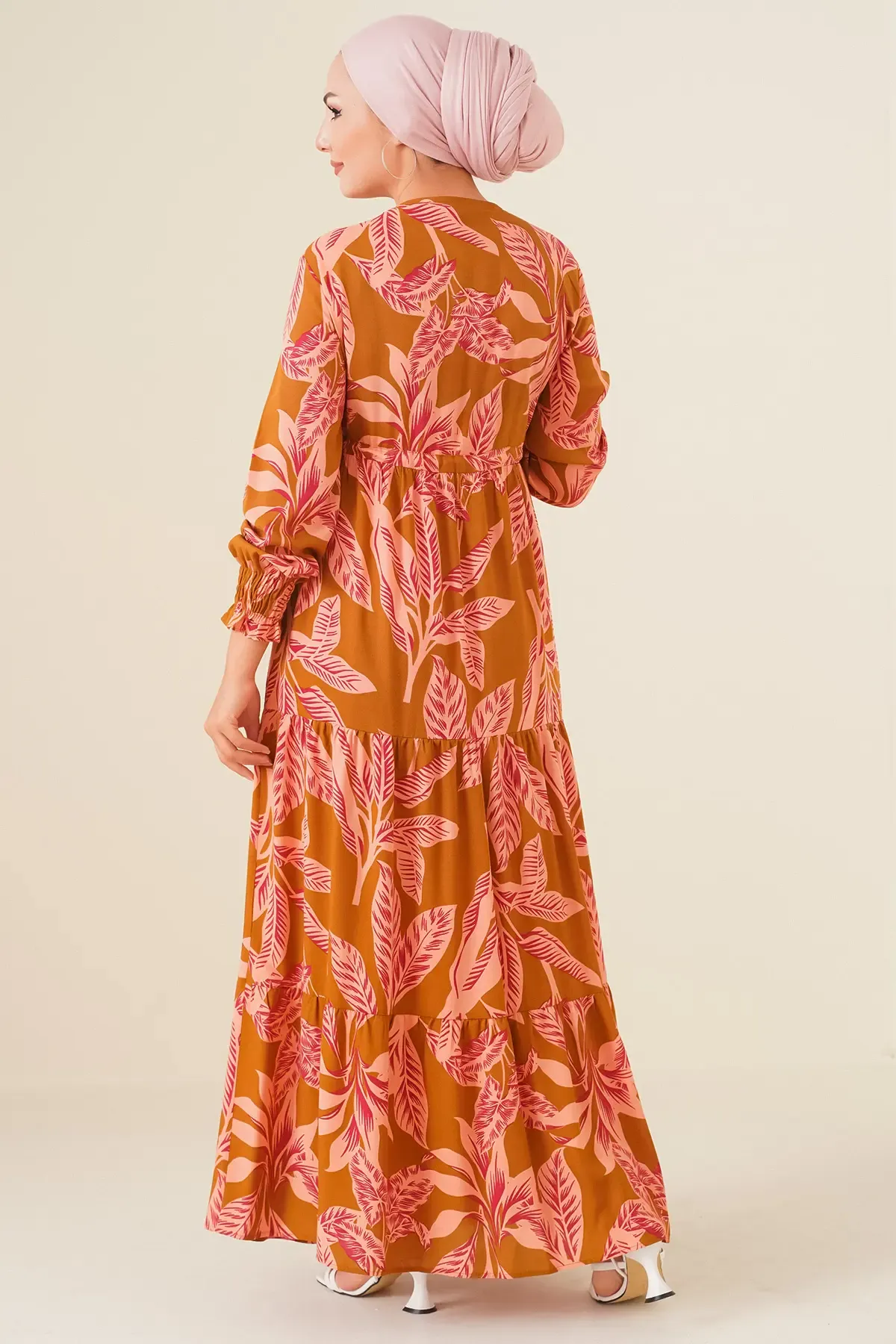 2145 Desenli Tesettür Elbise - Taba