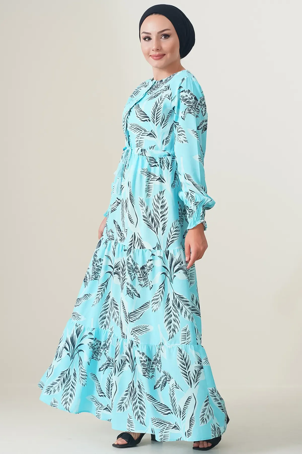 2145 Desenli Tesettür Elbise - Turkuaz