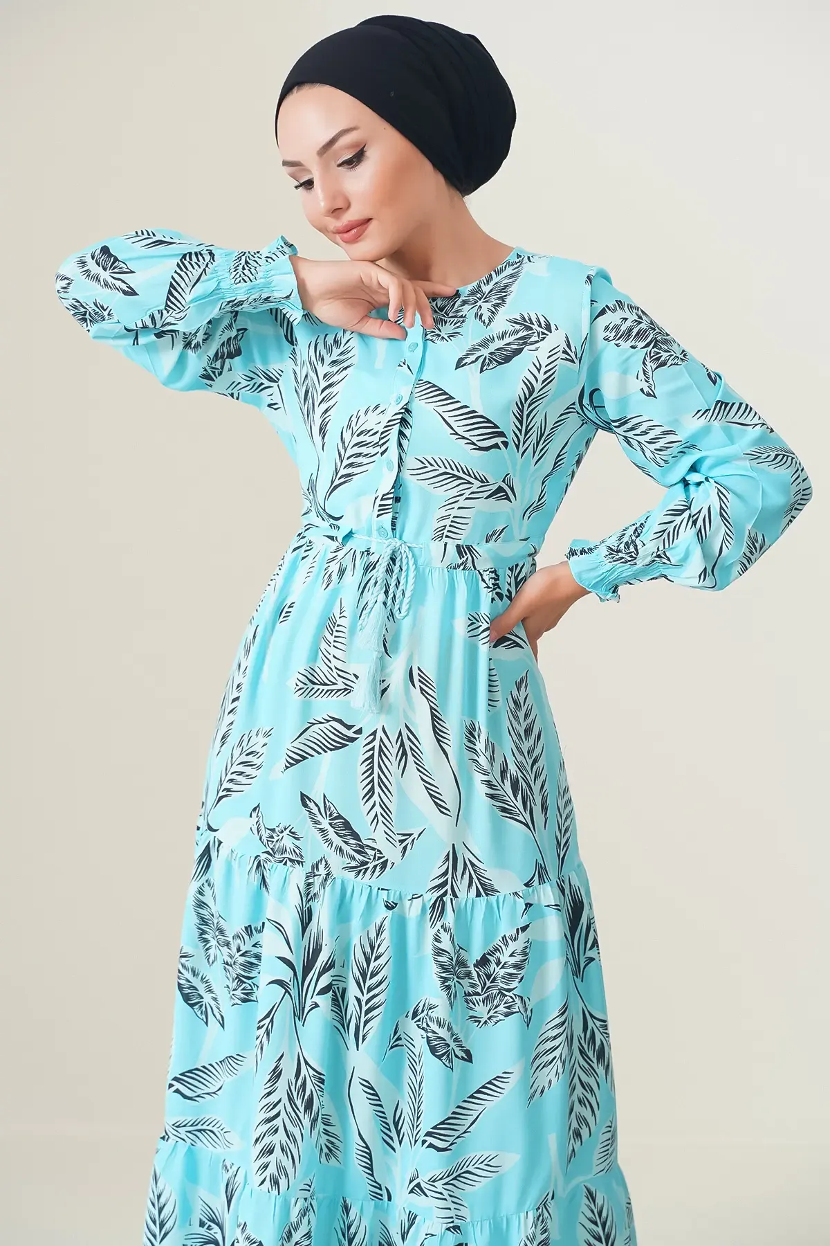 2145 Desenli Tesettür Elbise - Turkuaz