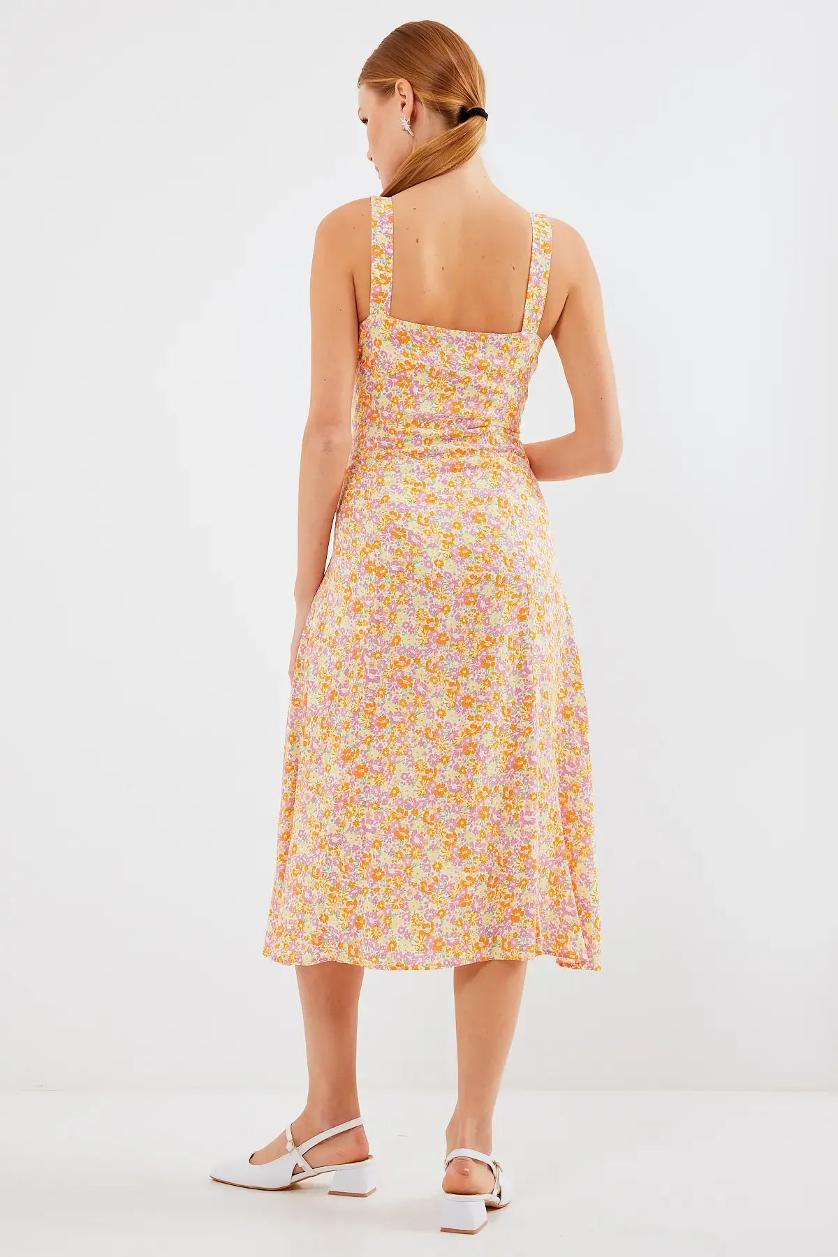 2282 Yırtmaçlı Askılı Viskon Elbise - Turuncu