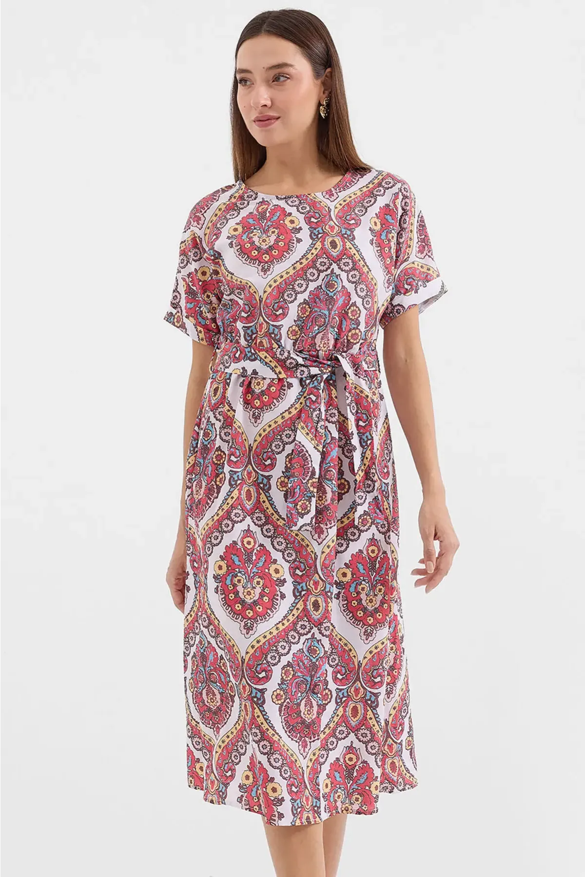 2389 Kemerli Keten Elbise - Nar