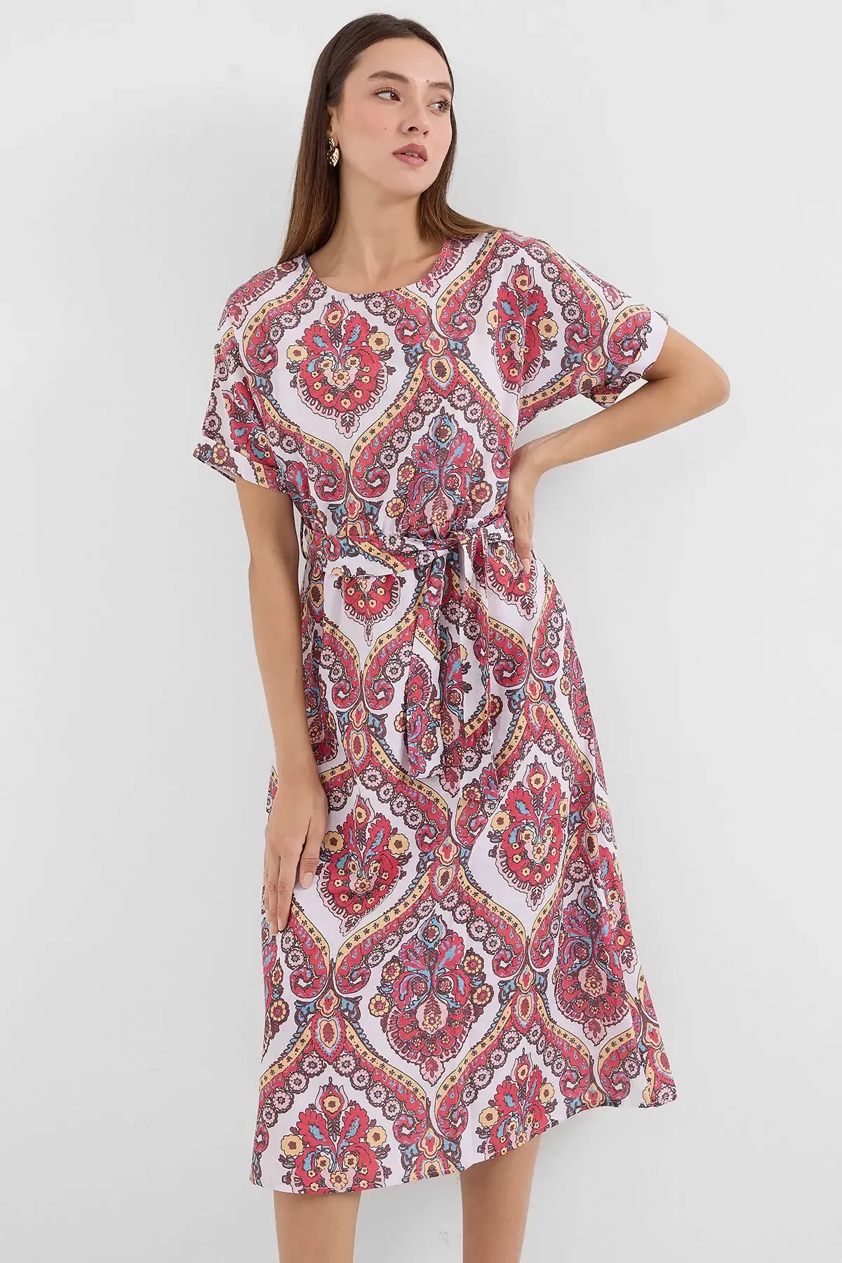 2389 Kemerli Keten Elbise - Nar