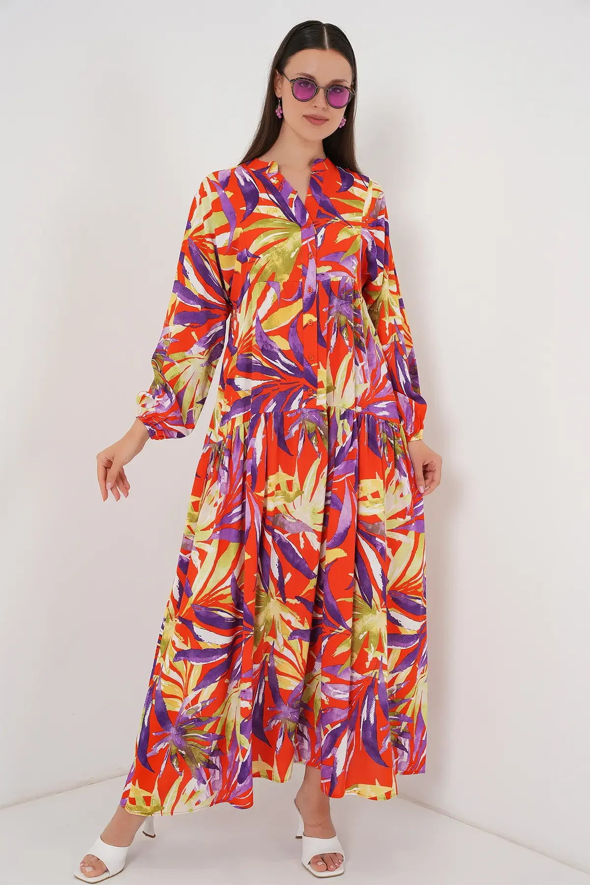 2423 Otantik Desenli Tesettür Elbise - B.Lila