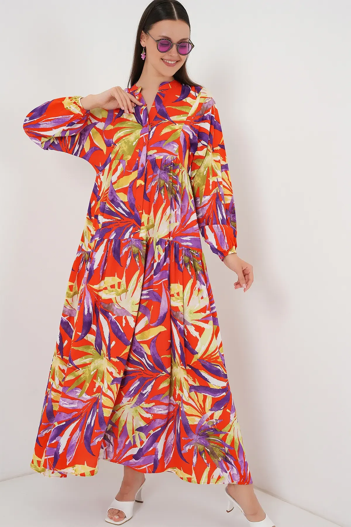 2423 Otantik Desenli Tesettür Elbise - B.Lila