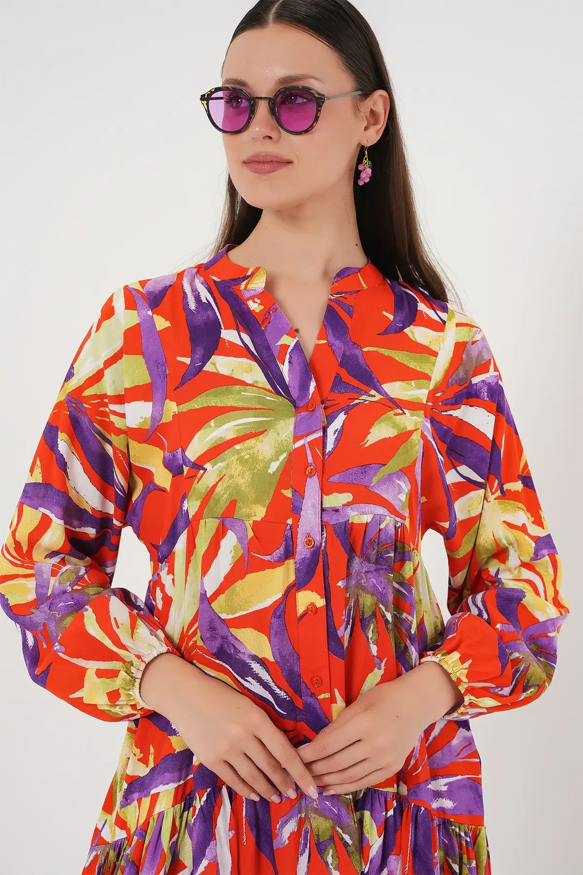 2423 Otantik Desenli Tesettür Elbise - B.Lila