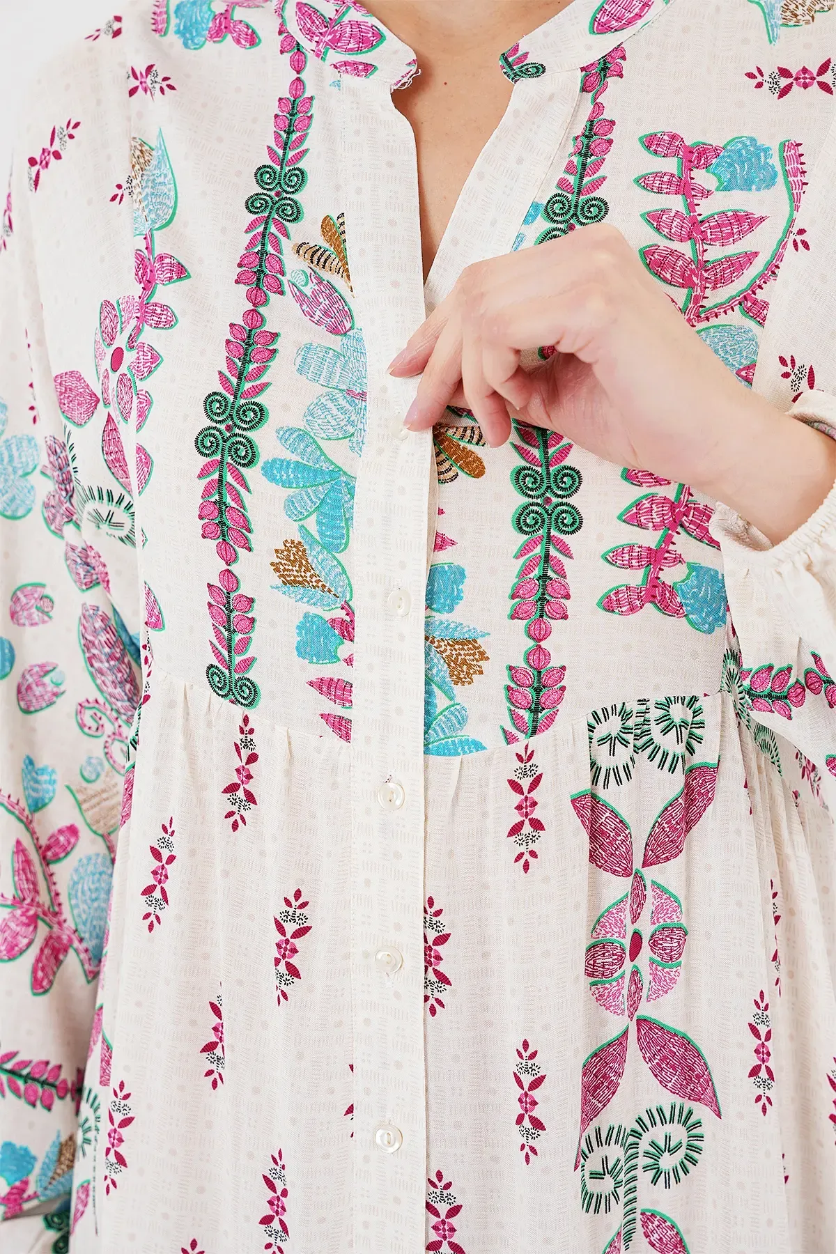 2423 Otantik Desenli Tesettür Elbise - B.Pembe