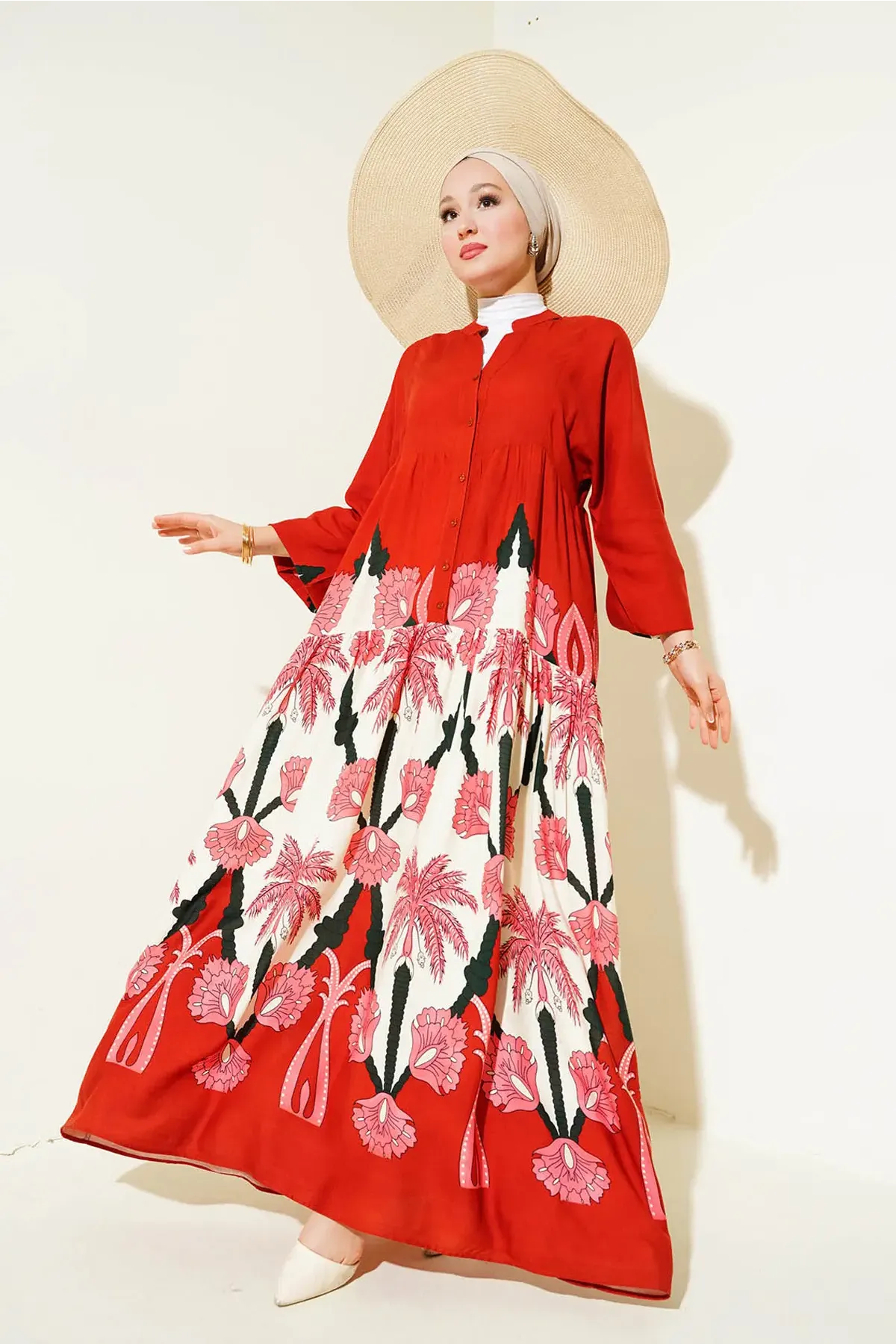 2423 Otantik Desenli Tesettür Elbise - F.Bordo