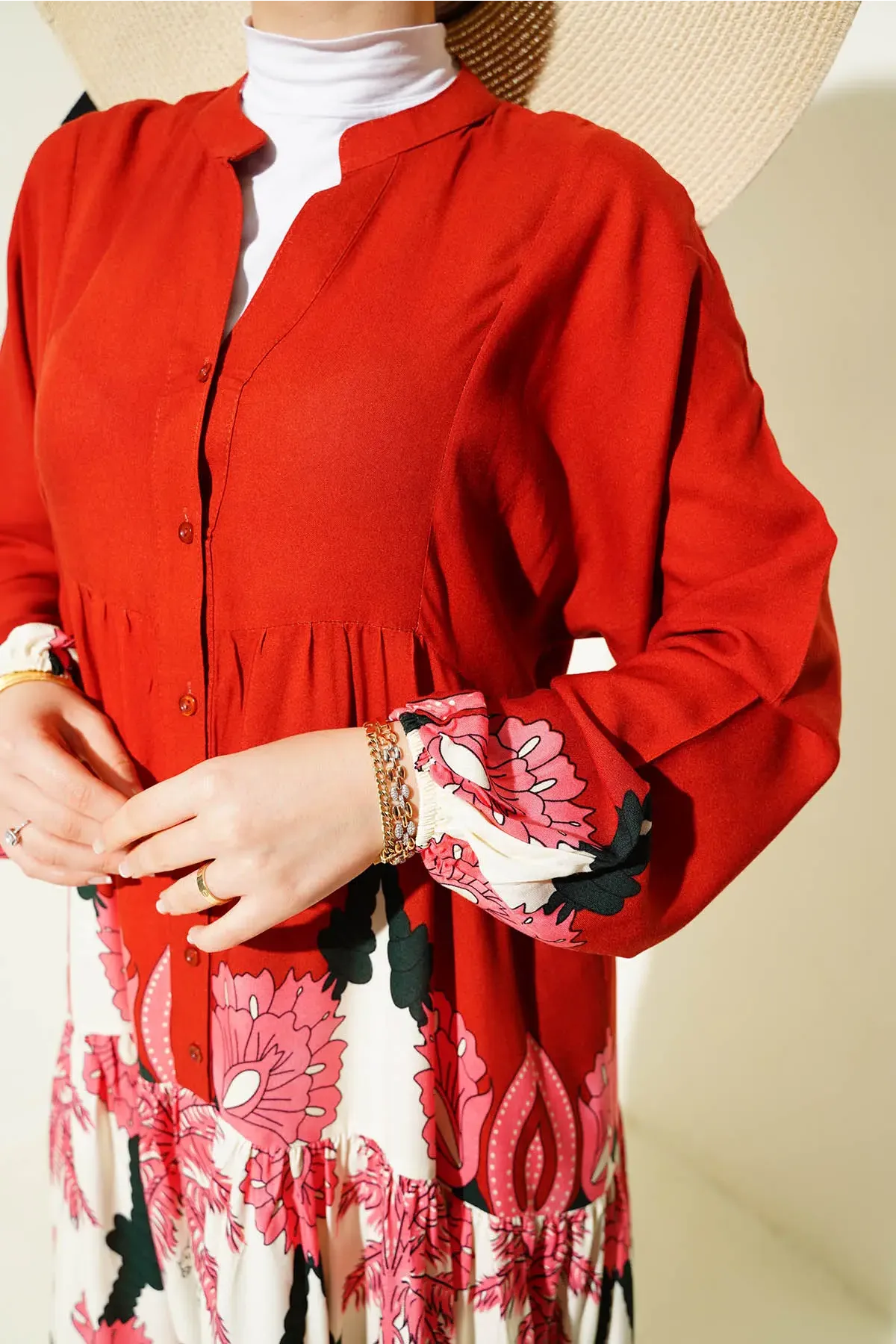 2423 Otantik Desenli Tesettür Elbise - F.Bordo