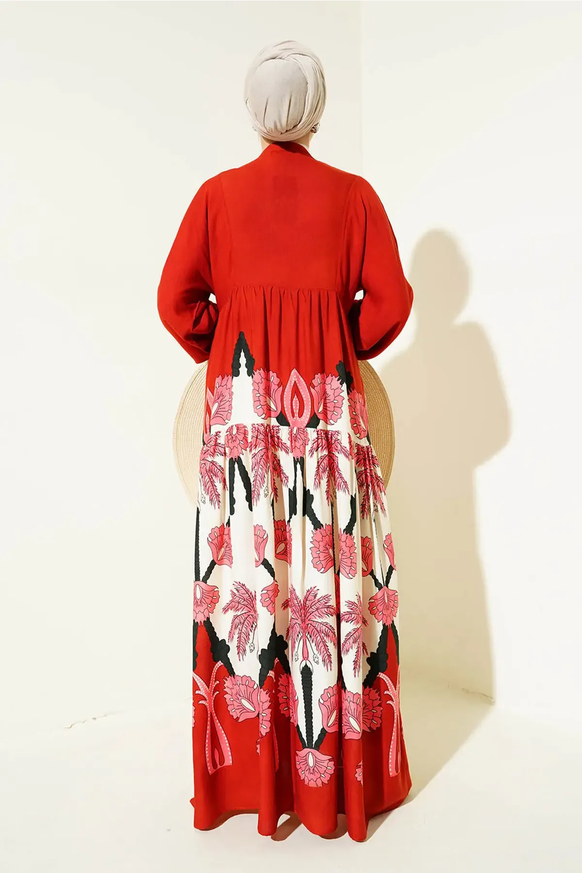 2423 Otantik Desenli Tesettür Elbise - F.Bordo