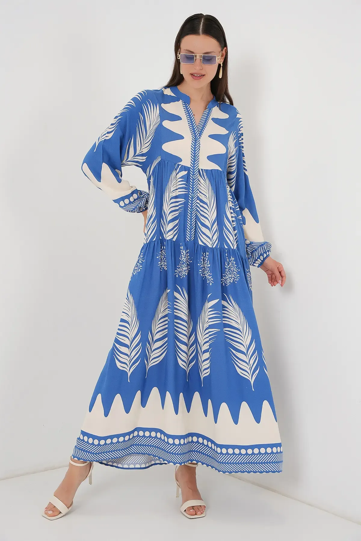 2423 Otantik Desenli Tesettür Elbise - H. İndigo