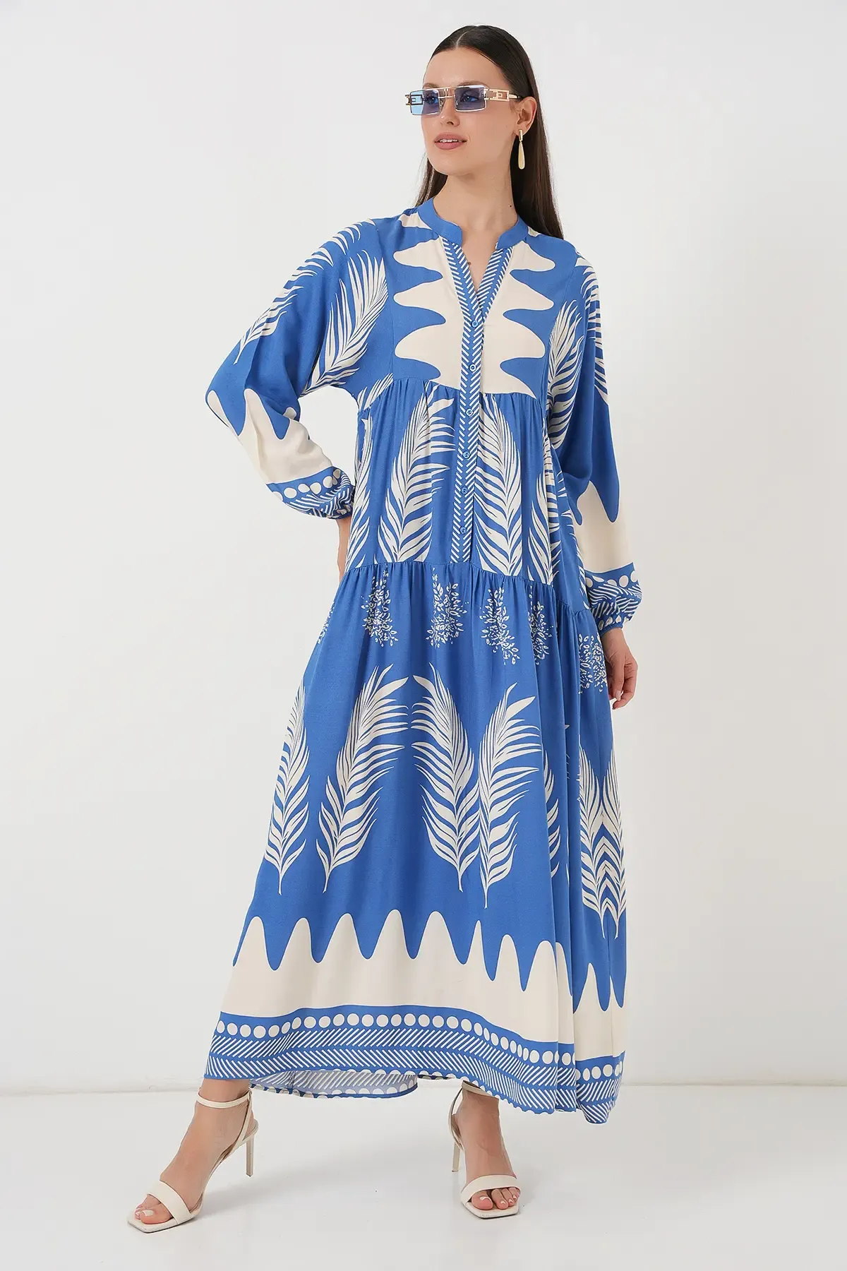 2423 Otantik Desenli Tesettür Elbise - H. İndigo