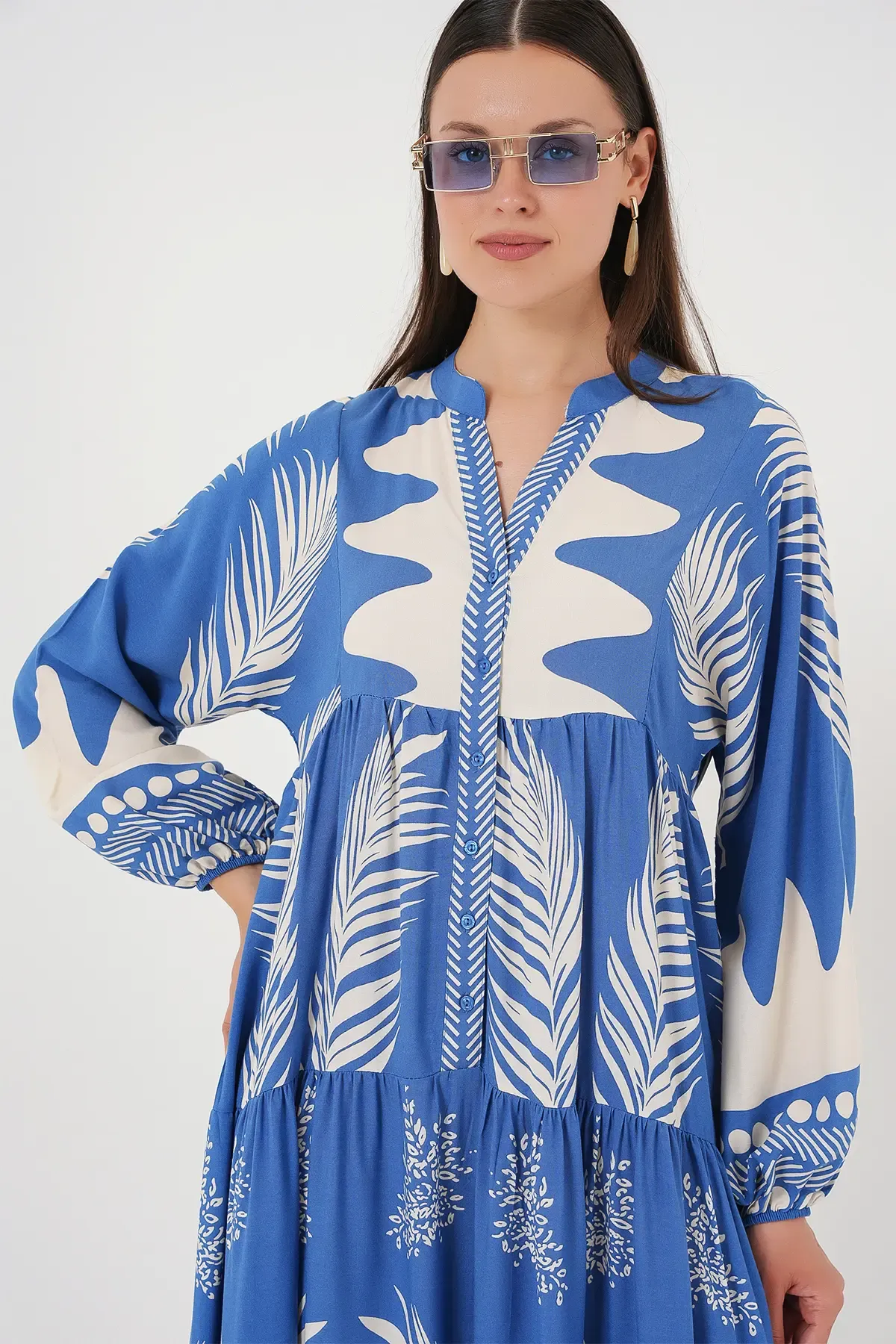 2423 Otantik Desenli Tesettür Elbise - H. İndigo