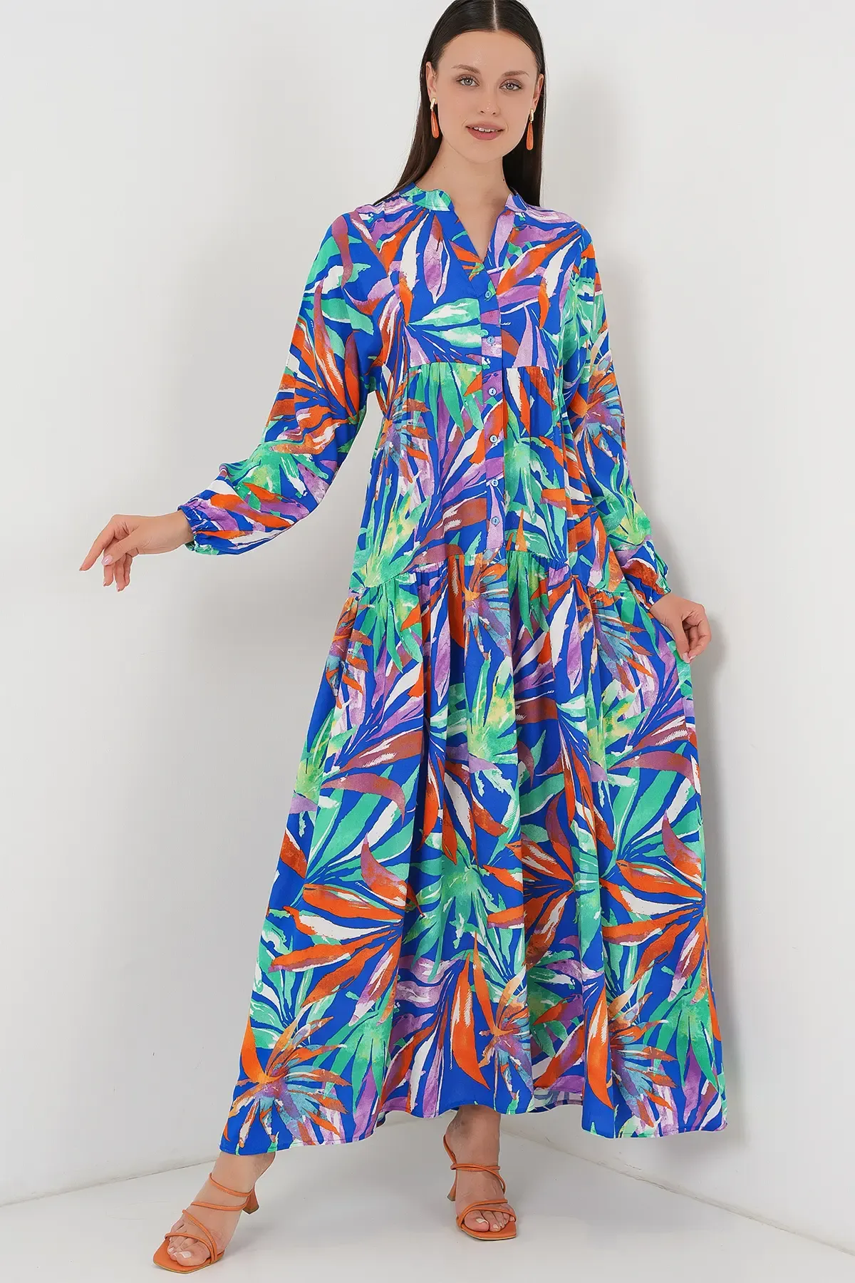 2423 Otantik Desenli Tesettür Elbise - Lacivert 10