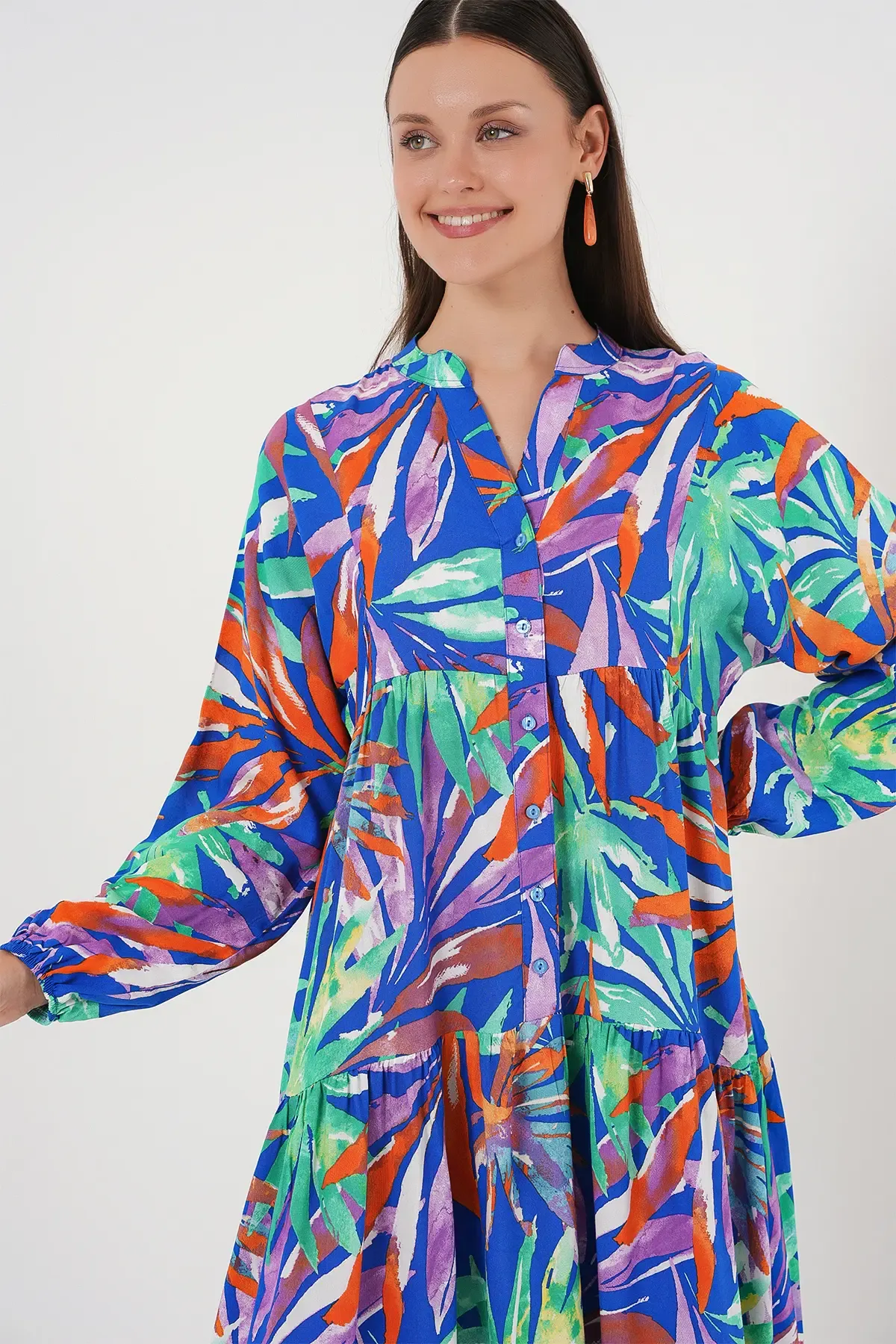 2423 Otantik Desenli Tesettür Elbise - Lacivert 10