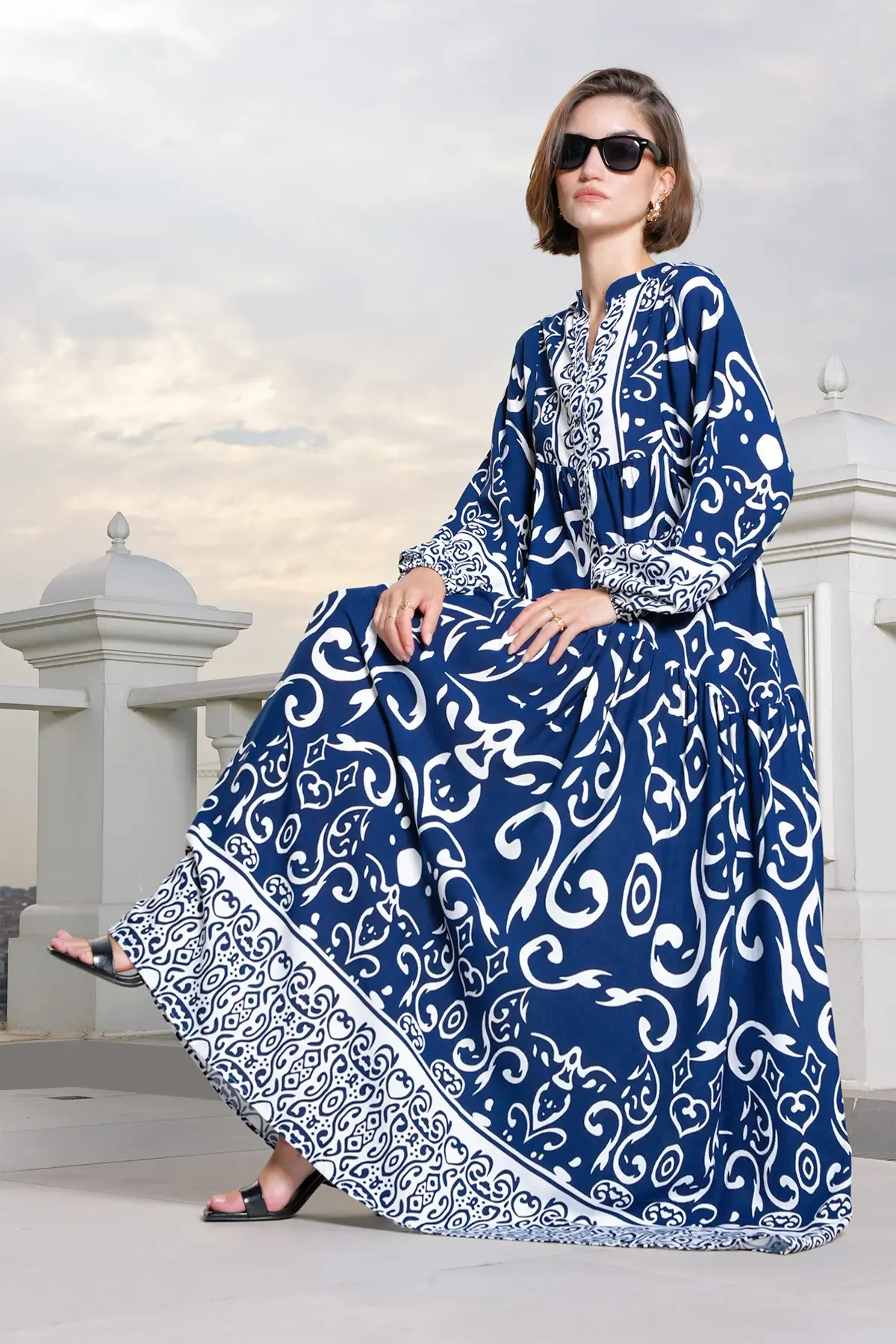 2423 Otantik Desenli Tesettür Elbise - P. Lacivert