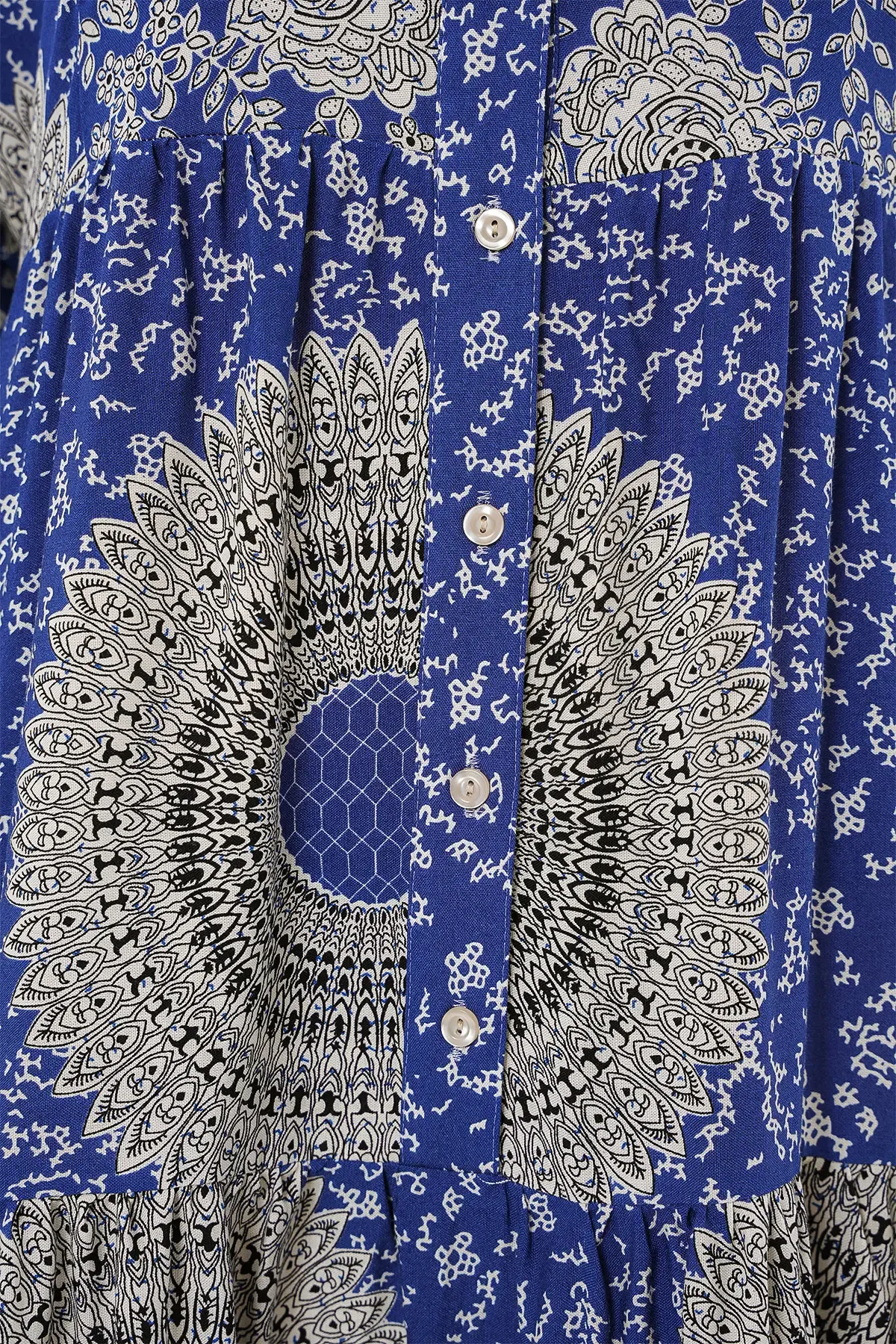 2423 Otantik Desenli Tesettür Elbise - Saks 4